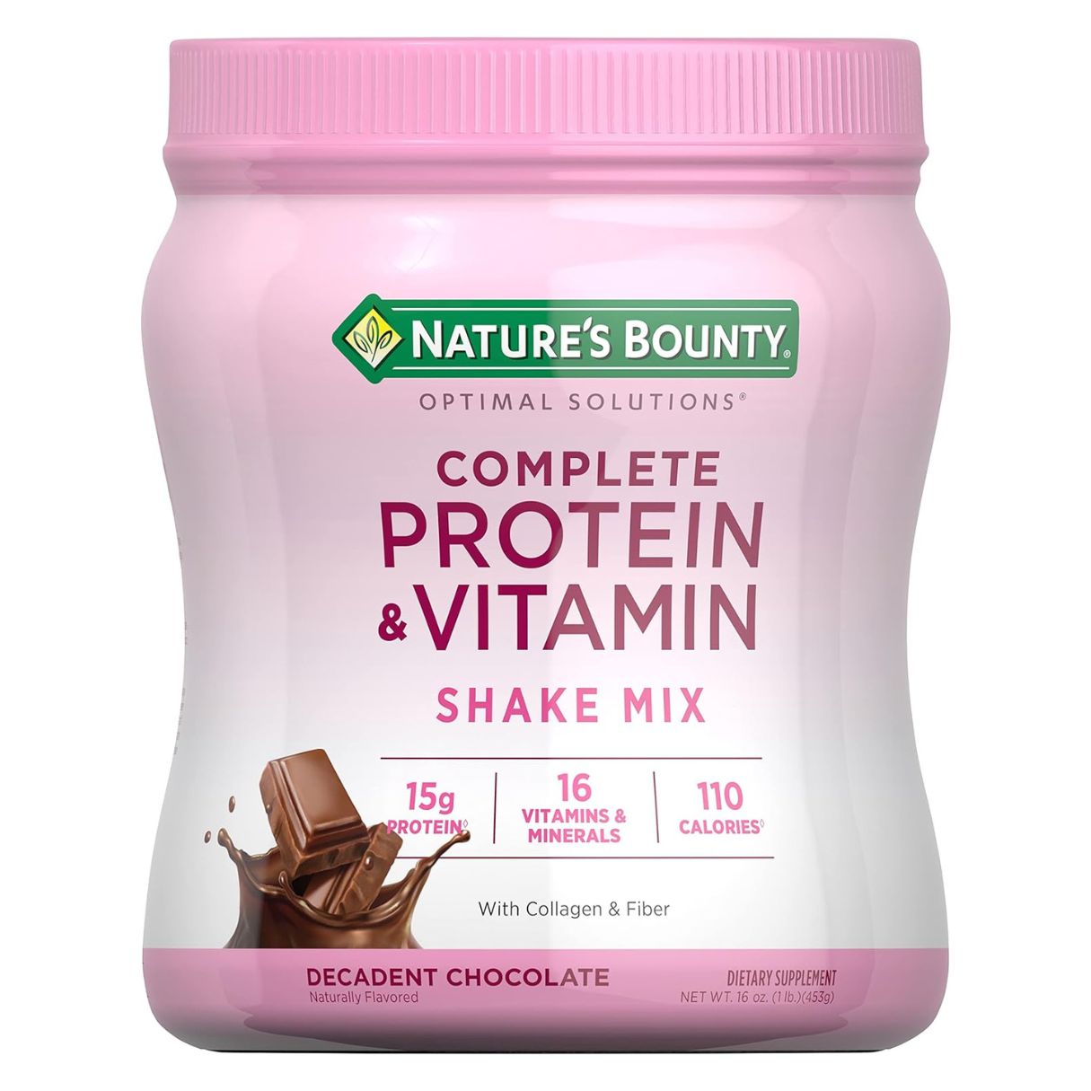 Nature's Bounty Complete Protein & Vitamin Shake Mix with Collagen & Fiber Decadent Chocolate Flavored - 1 lb