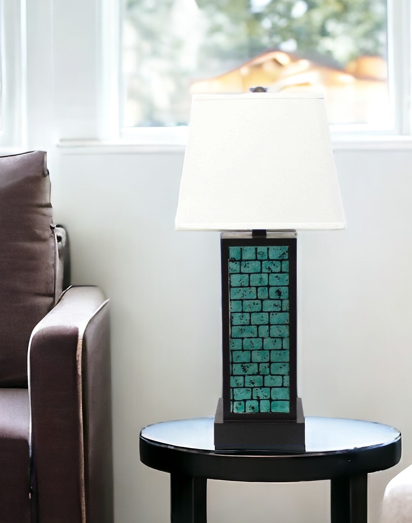 13 X 15 X 30.75 Black Metal With Teal Brick Pattern - Table Lamp