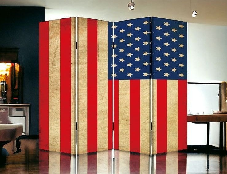 84" X 84" Blue And Red Wood Canvas American Flag Screen