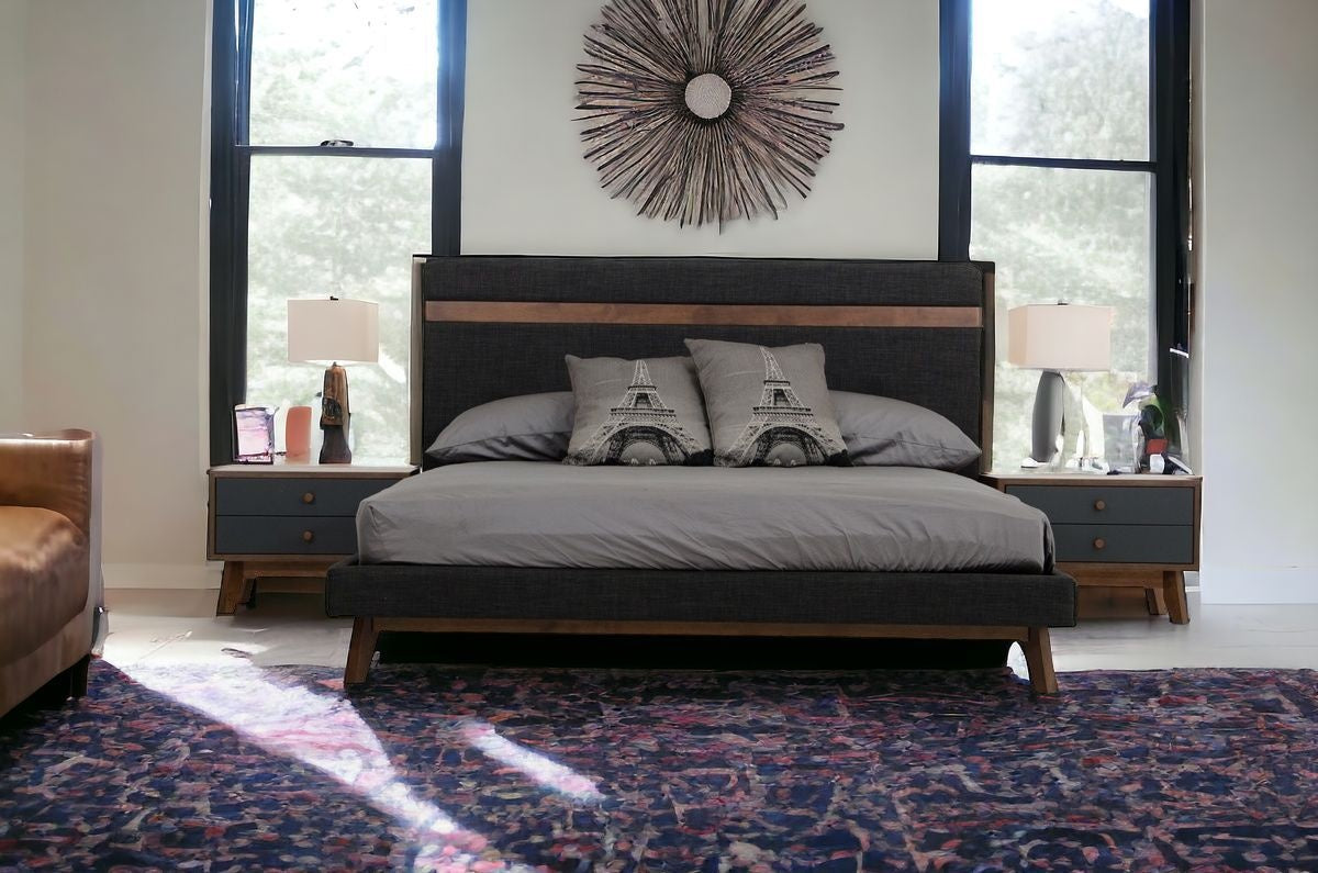 Modern Grey Fabric & Walnut Queen Bed