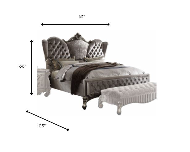 King Tufted Gray Upholstered Velvet Bed With Nailhead Trim