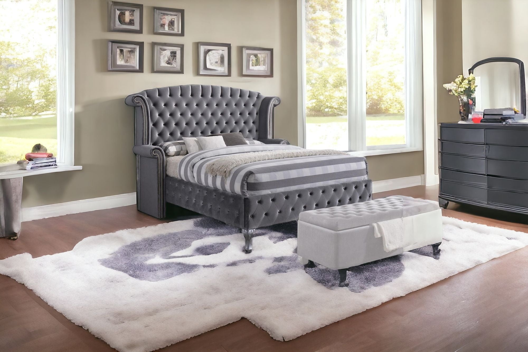 King Tufted Gray Upholstered Velvet Bed With Nailhead Trim