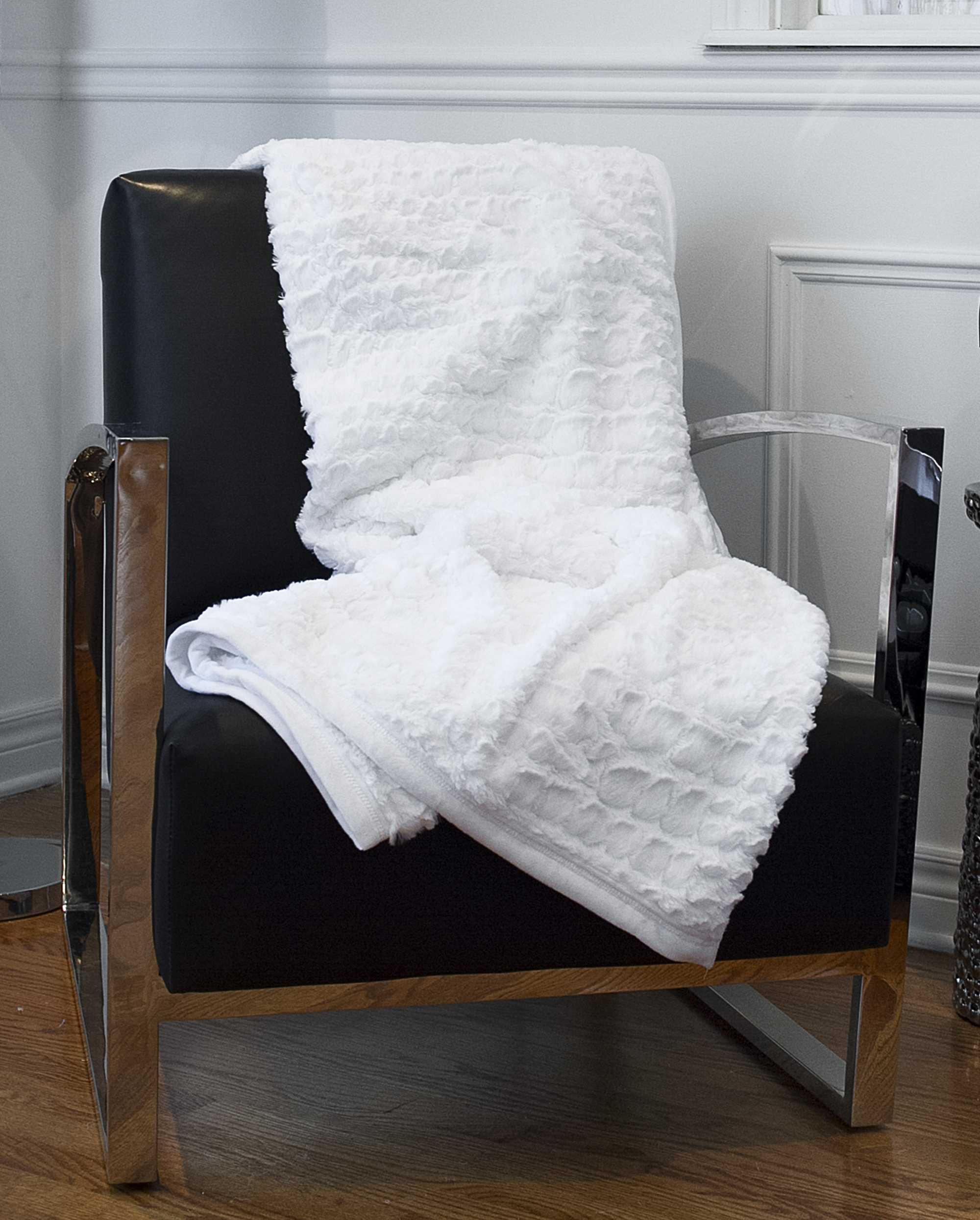 50" X 70" Ivory Faux Fur Plush Throw Blanket with Embroidery