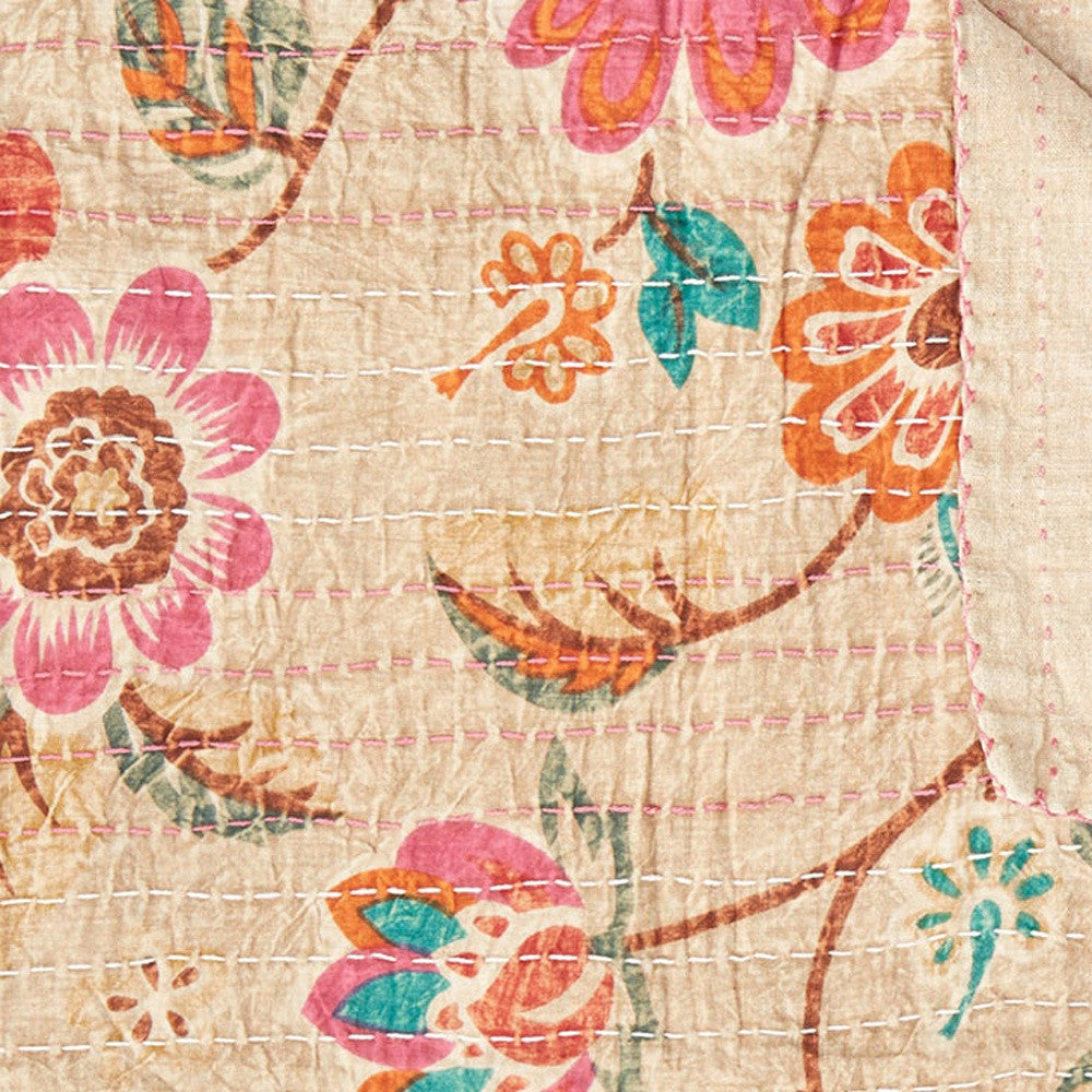 50" X 70" Beige Pink Orange and Green Kantha Cotton Floral Throw Blanket with Embroidery