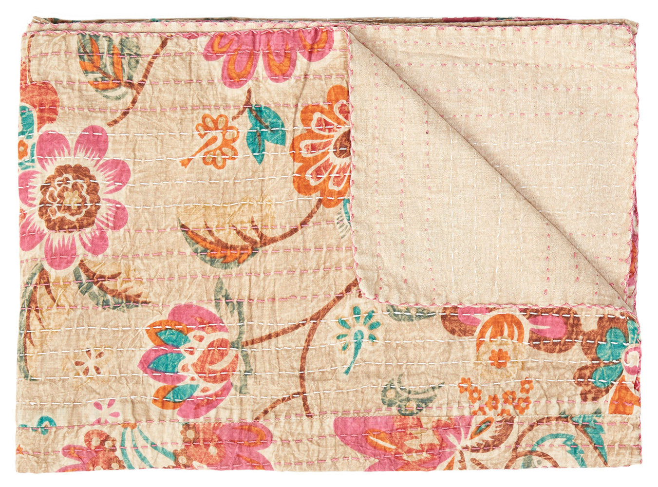 50" X 70" Beige Pink Orange and Green Kantha Cotton Floral Throw Blanket with Embroidery