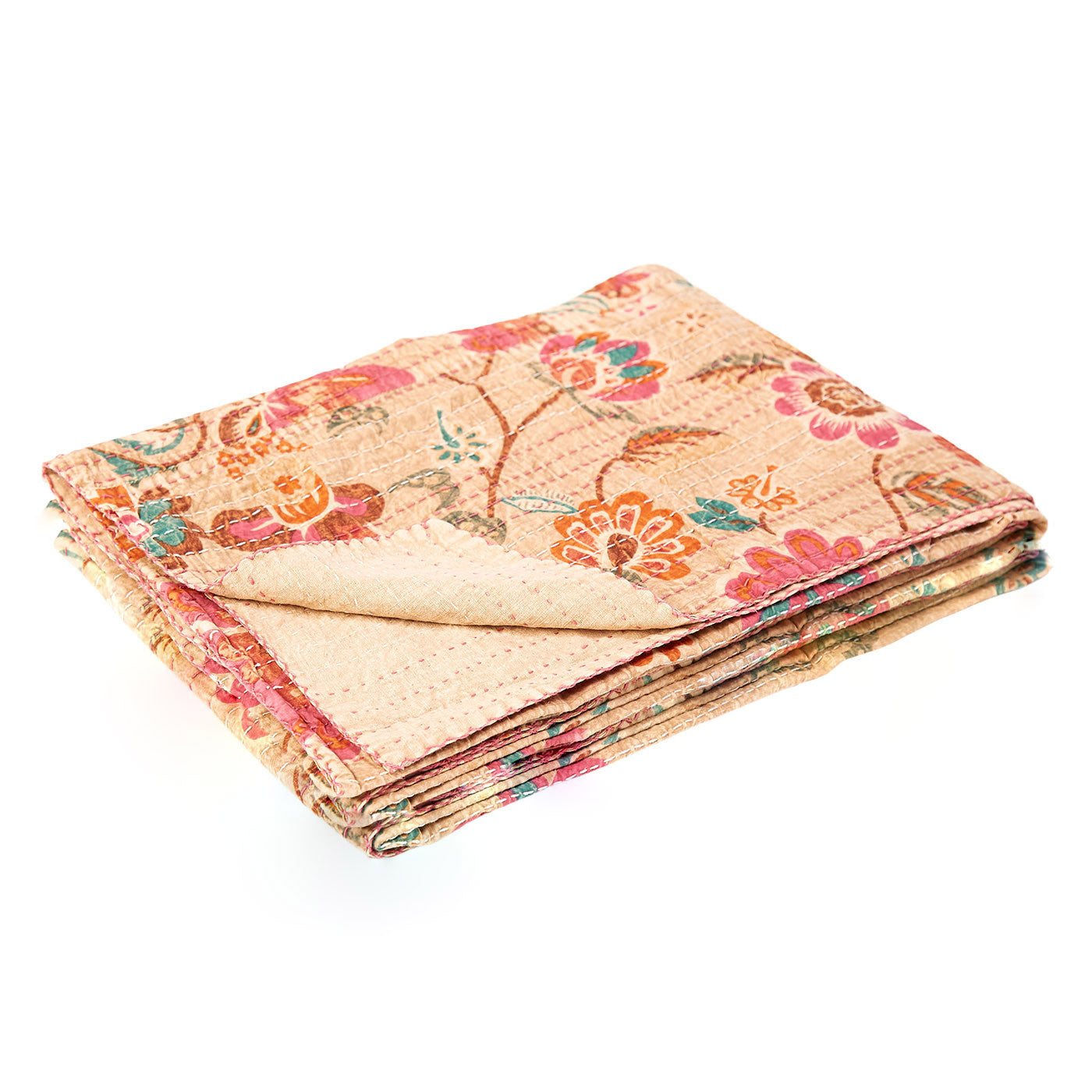 50" X 70" Beige Pink Orange and Green Kantha Cotton Floral Throw Blanket with Embroidery