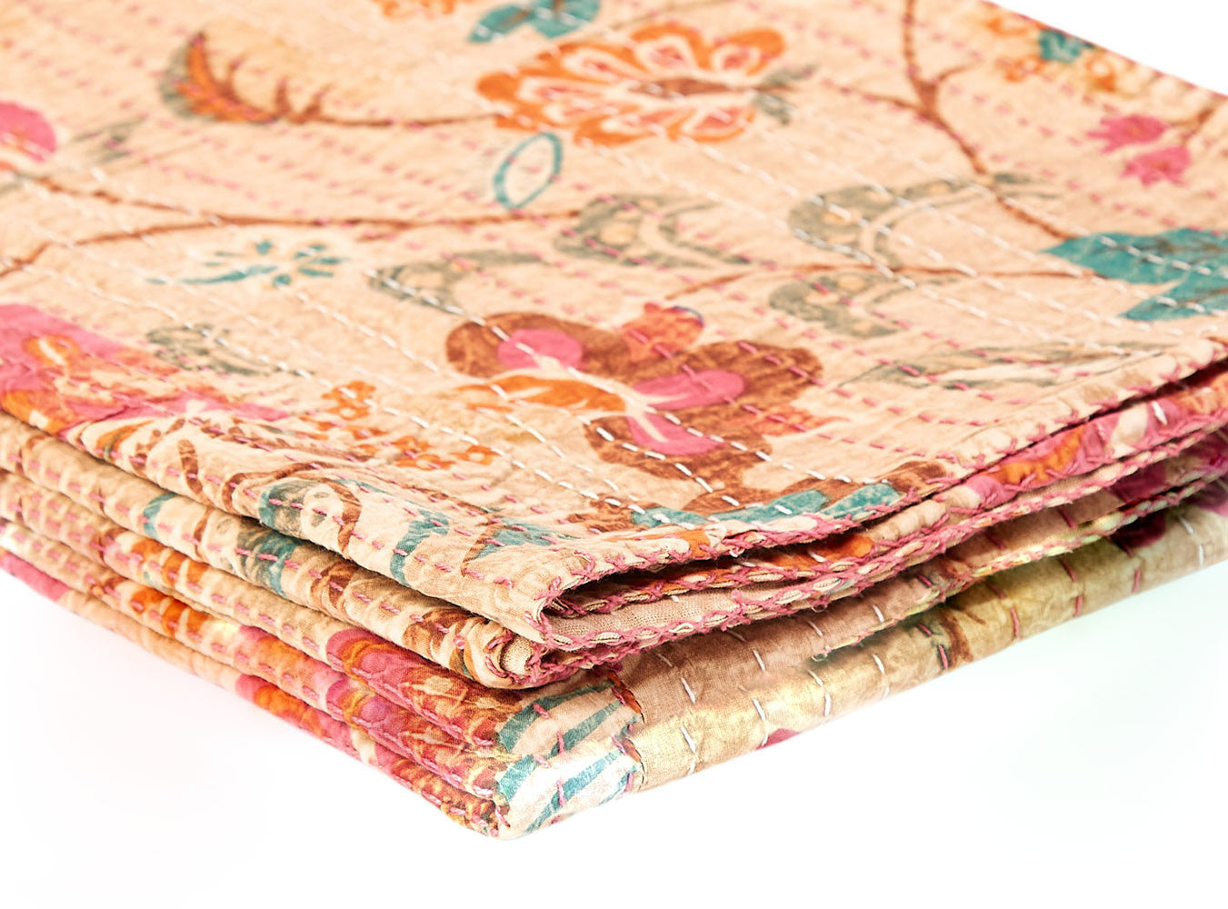 50" X 70" Beige Pink Orange and Green Kantha Cotton Floral Throw Blanket with Embroidery