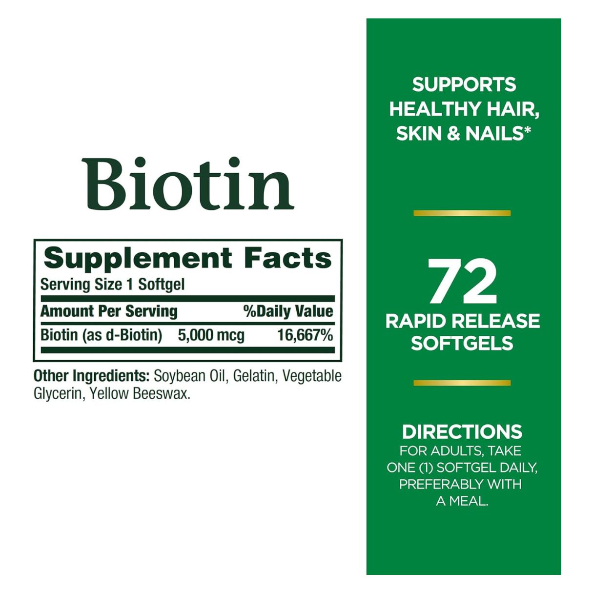 Nature's Bounty Biotin Supplements 5000 mcg - 72 Softgels