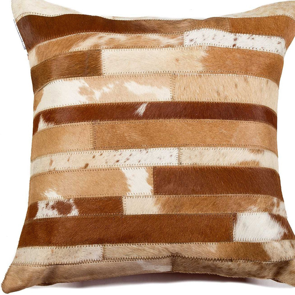 18" Brown and White Cowhide Throw Pillow