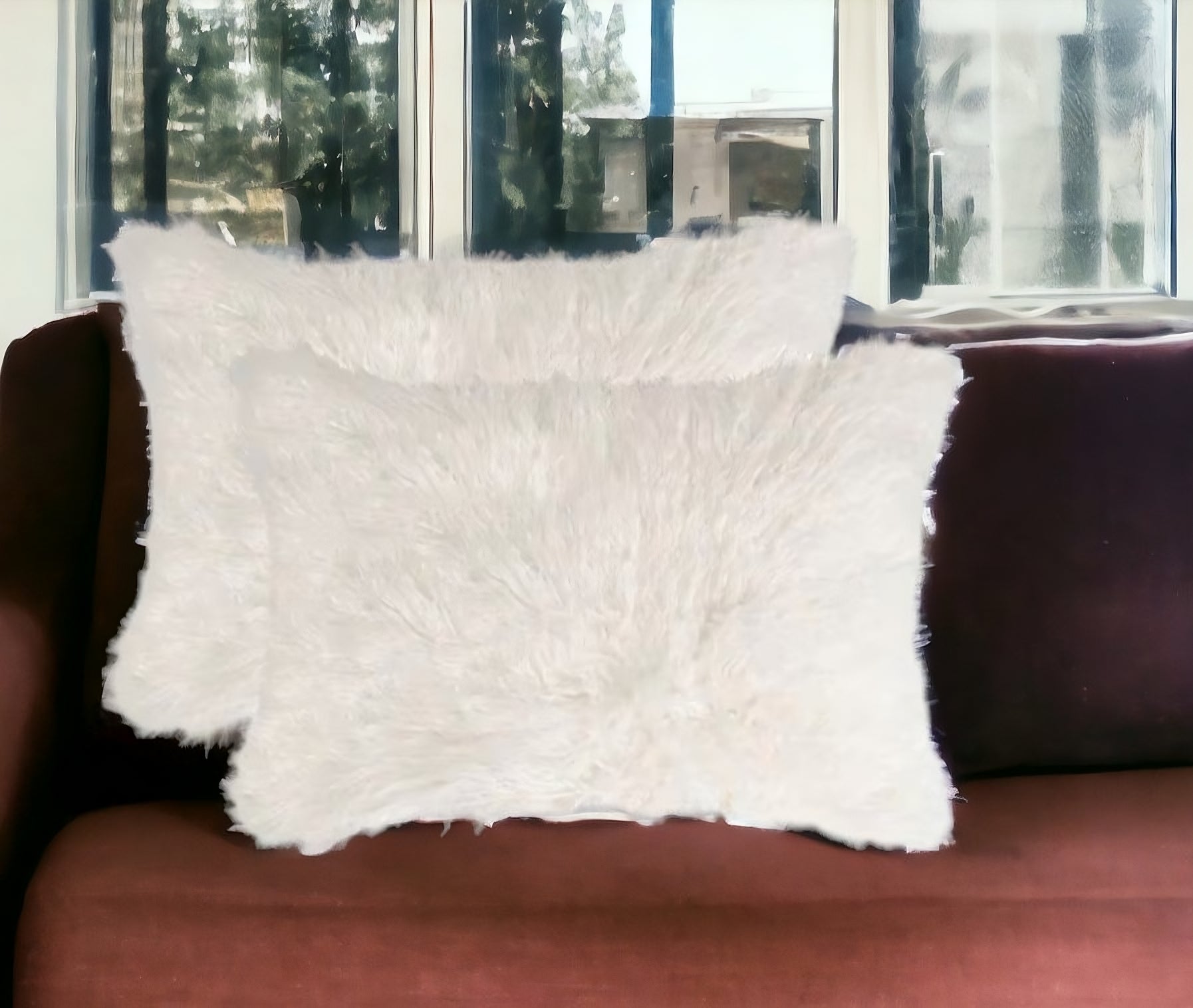 Set of Two 12" X 20" Off White Faux Fur Throw Pillow