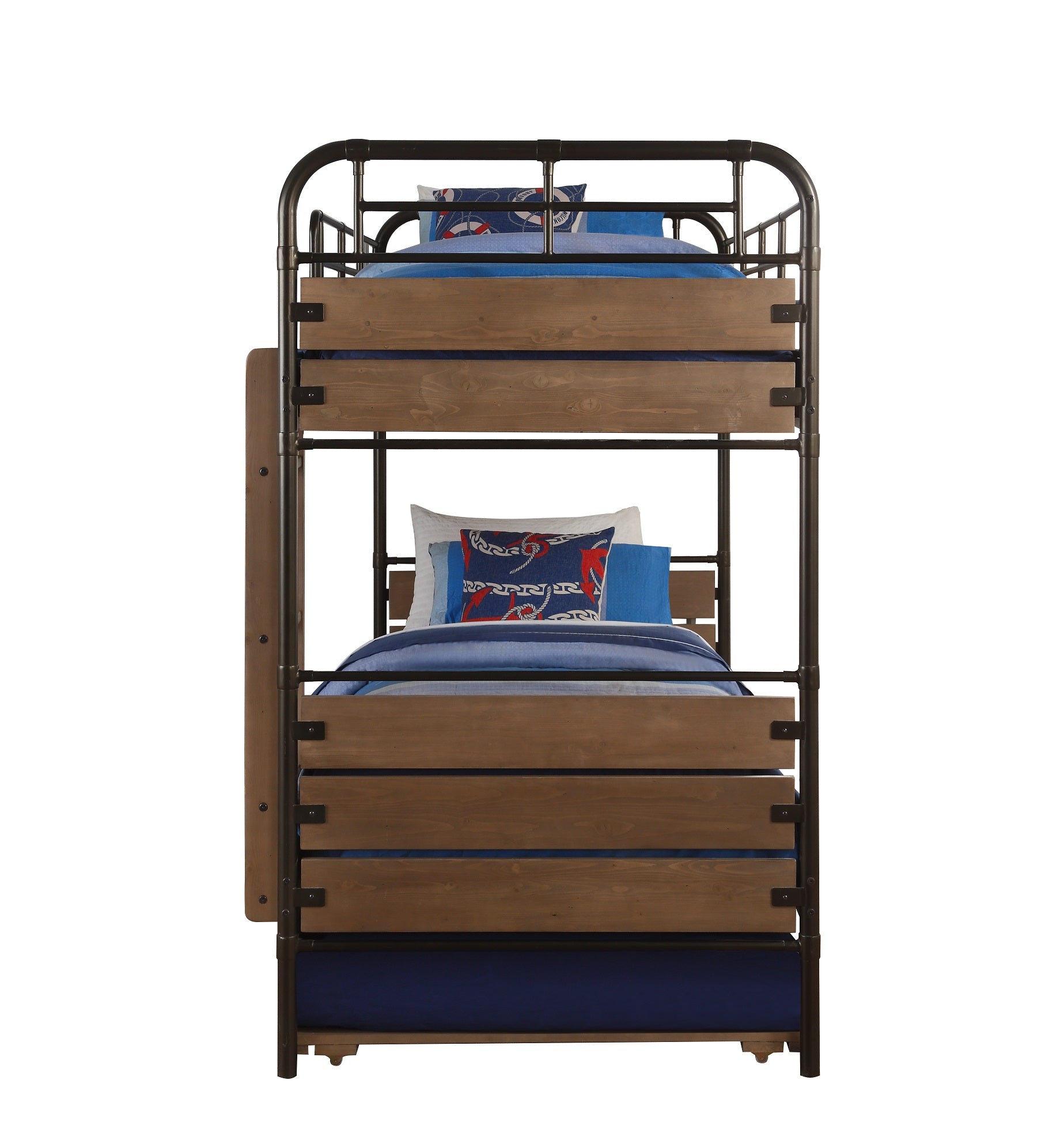 79" X 42" X 71" Antique Oak And Gunmetal Twin Over Twin Bunk Bed