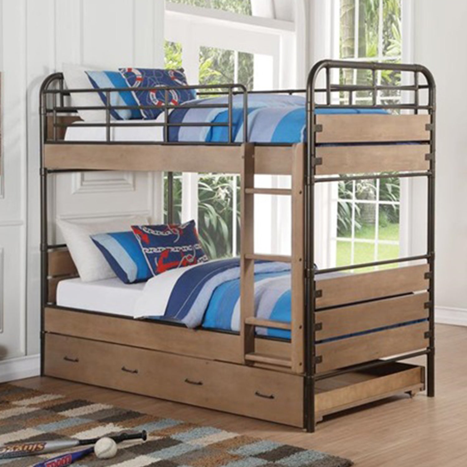 79" X 42" X 71" Antique Oak And Gunmetal Twin Over Twin Bunk Bed