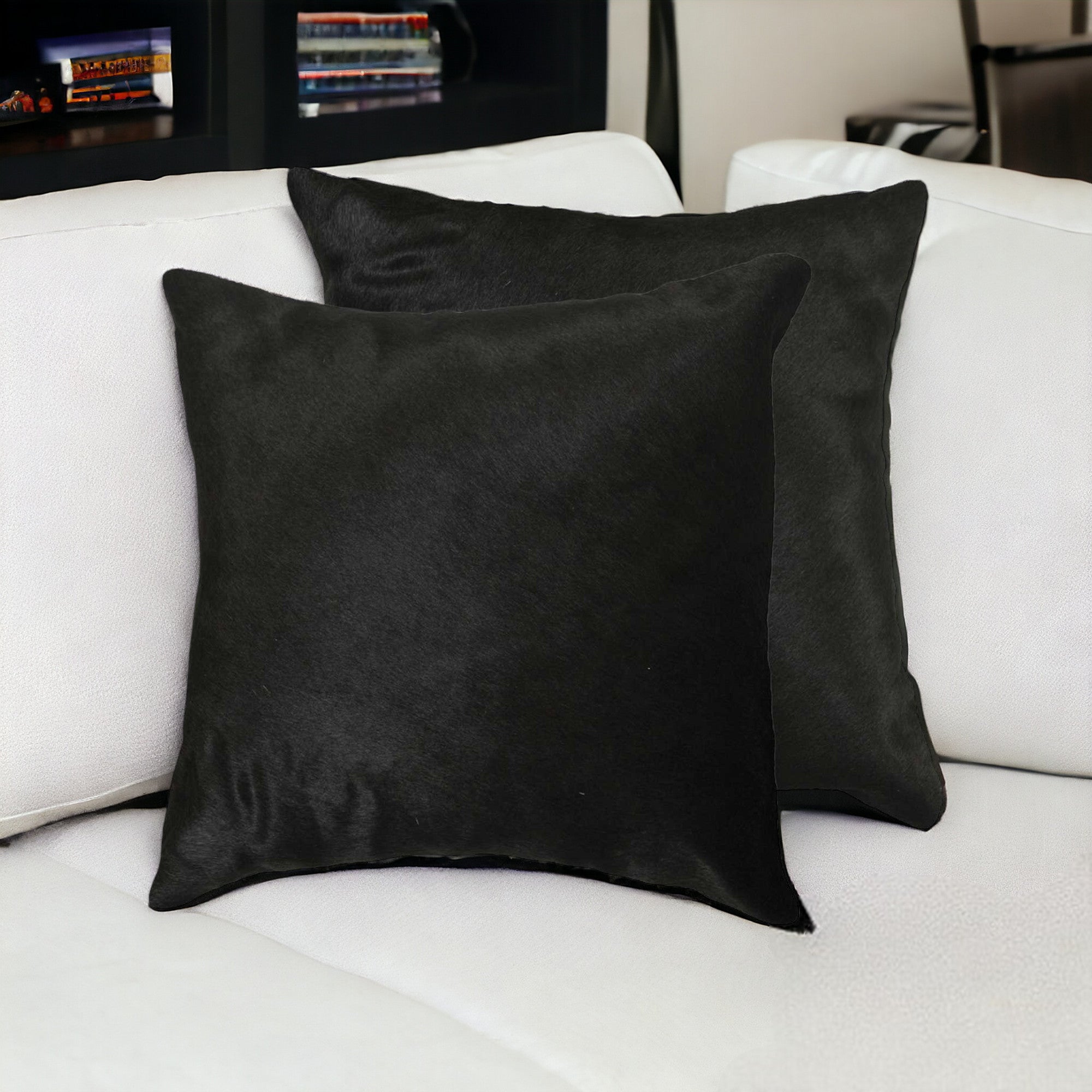 Set of Two 18" Black Cowhide Throw Pillow