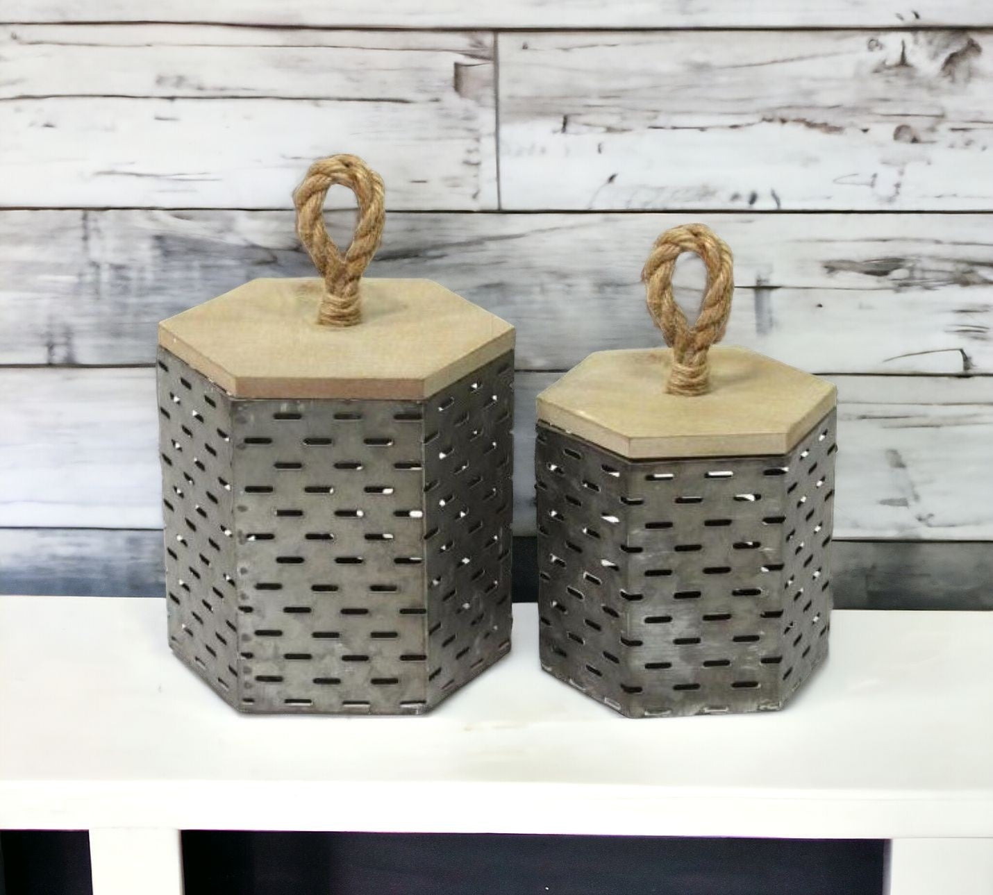 Set Of 2 Rustic Farmhouse Decorative Metal Canisters