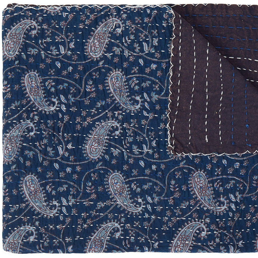 50" X 70" Blue and Gray Kantha Cotton Paisley Throw Blanket with Embroidery