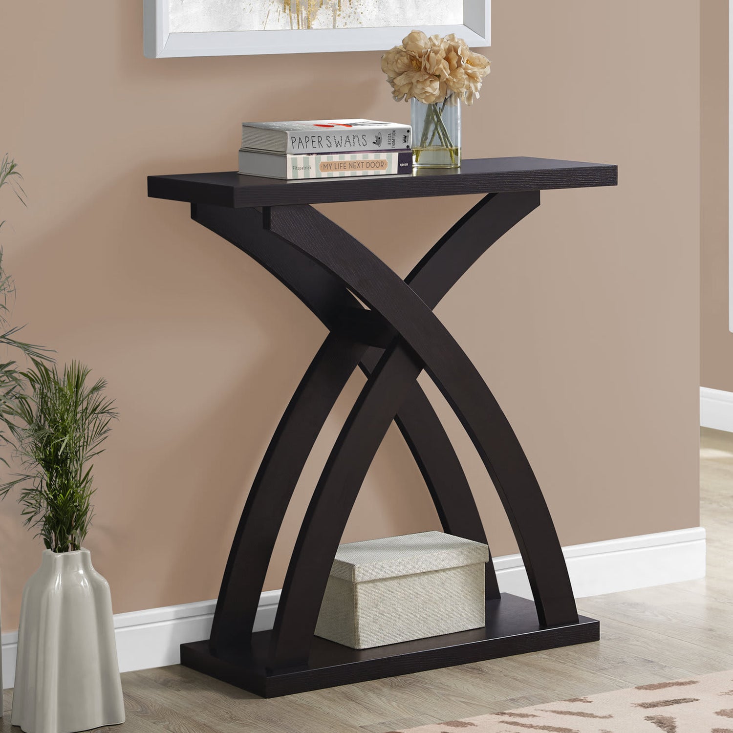 31" Espresso Cross Leg Console Table With Storage