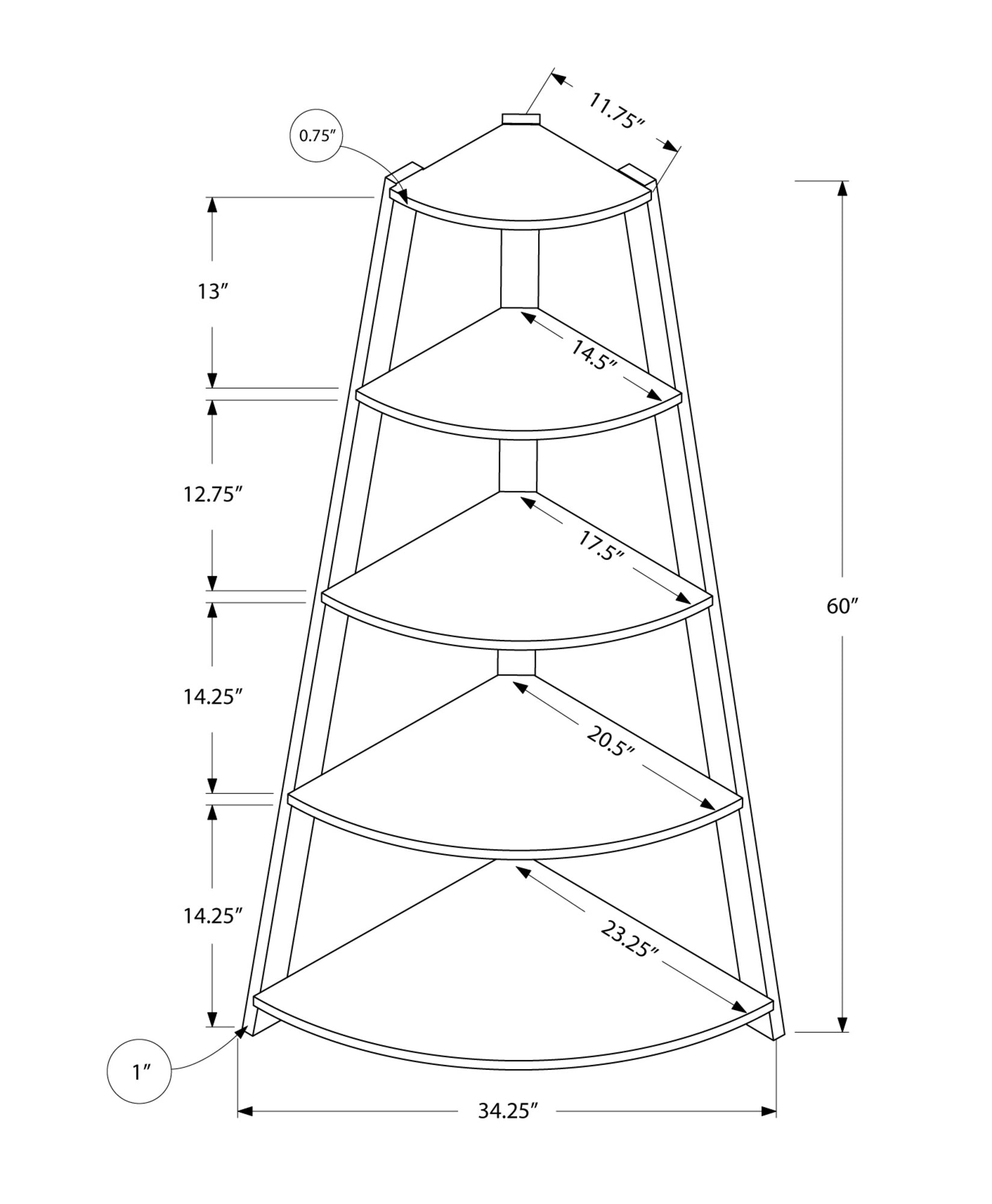 60" Taupe Wood Four Tier Corner Bookcase