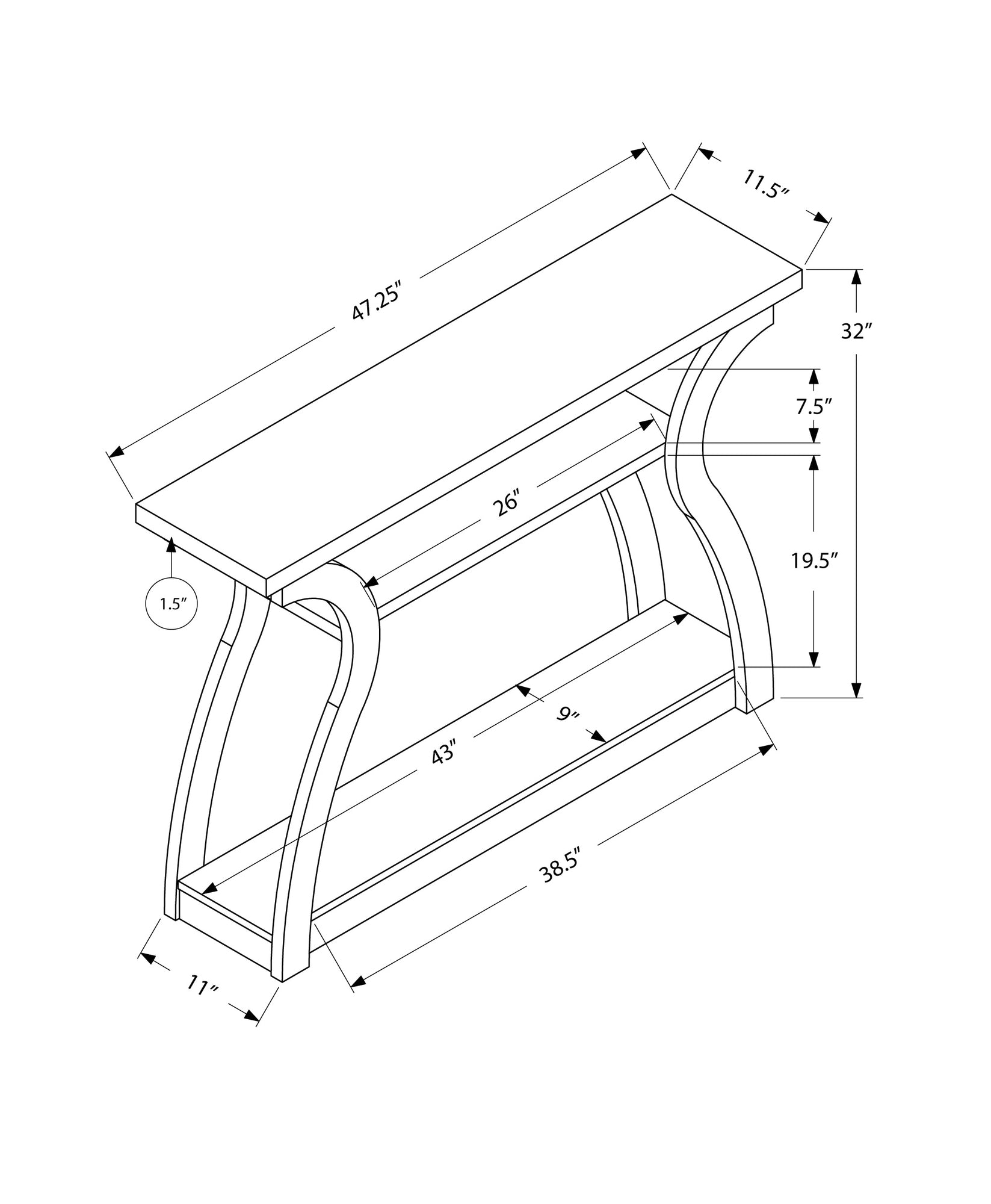 47" Black Floor Shelf Console Table With Storage