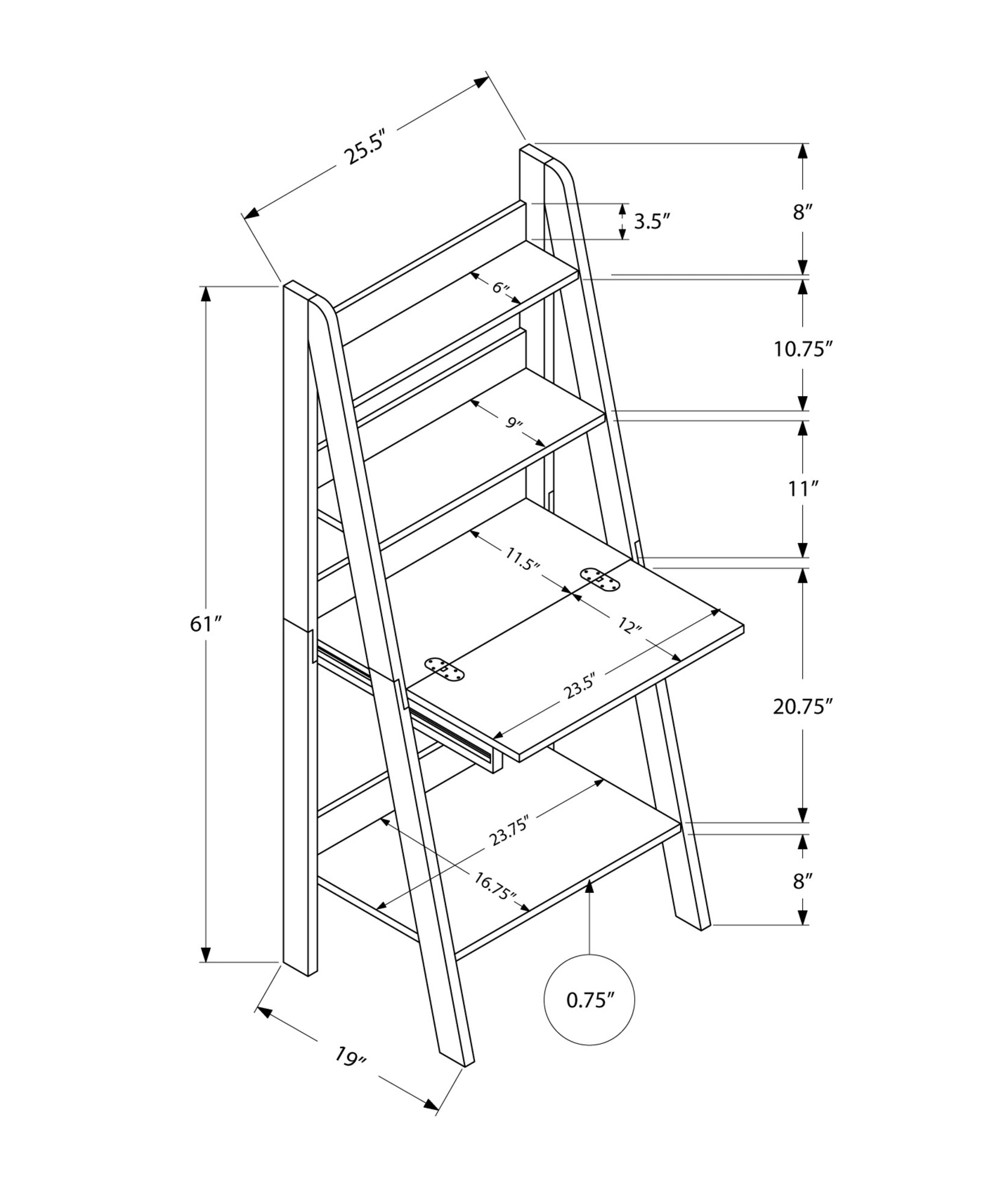 26" White Ladder Desk With Three Drawers