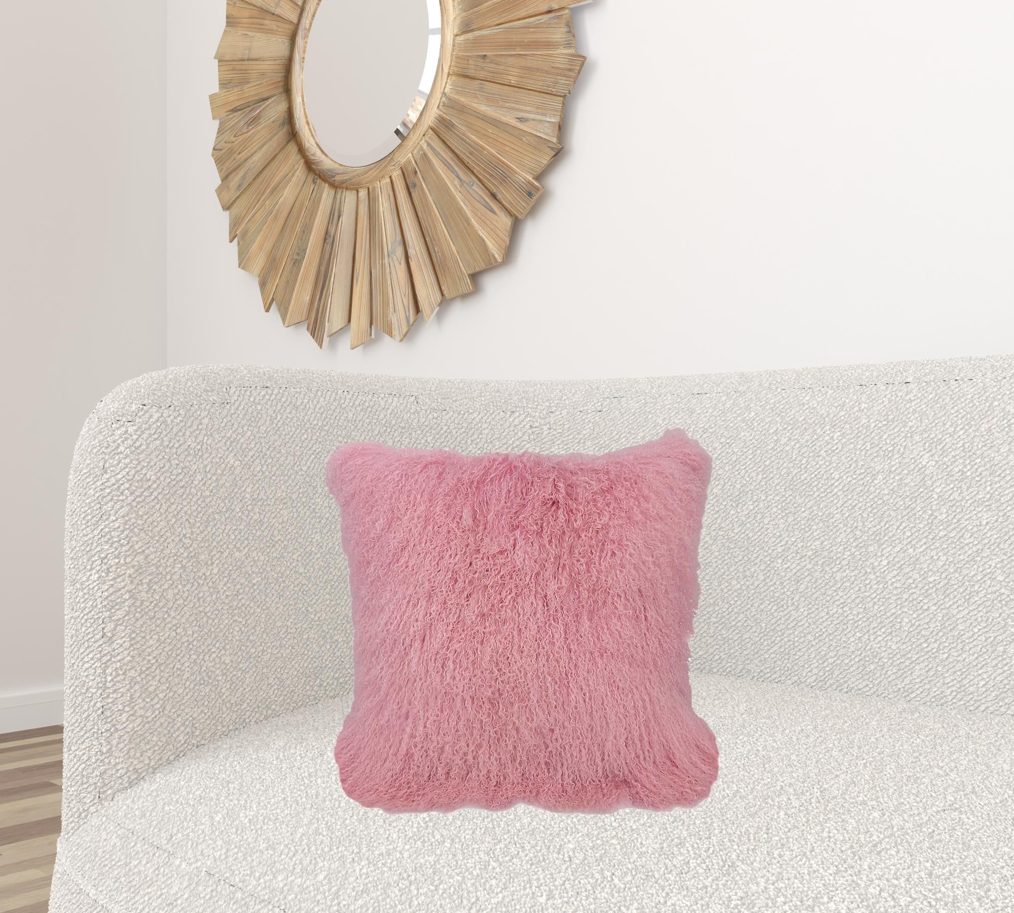 20" Pink Genuine Tibetan Lamb Fur Pillow With Microsuede Backing