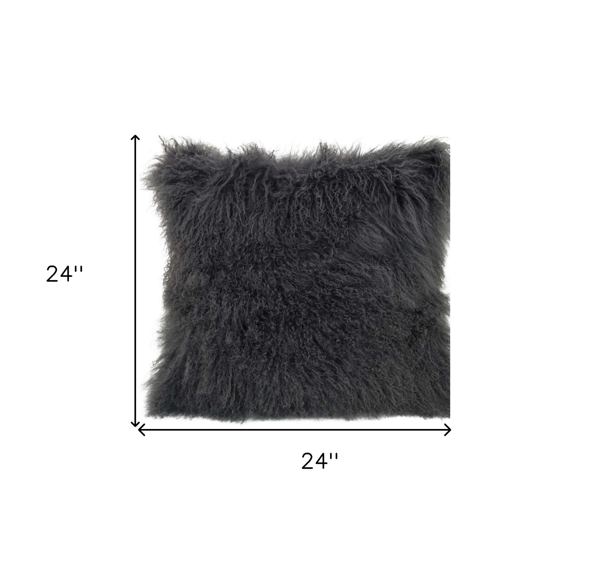 24" Charcoal Genuine Tibetan Lamb Fur Pillow With Microsuede Backing