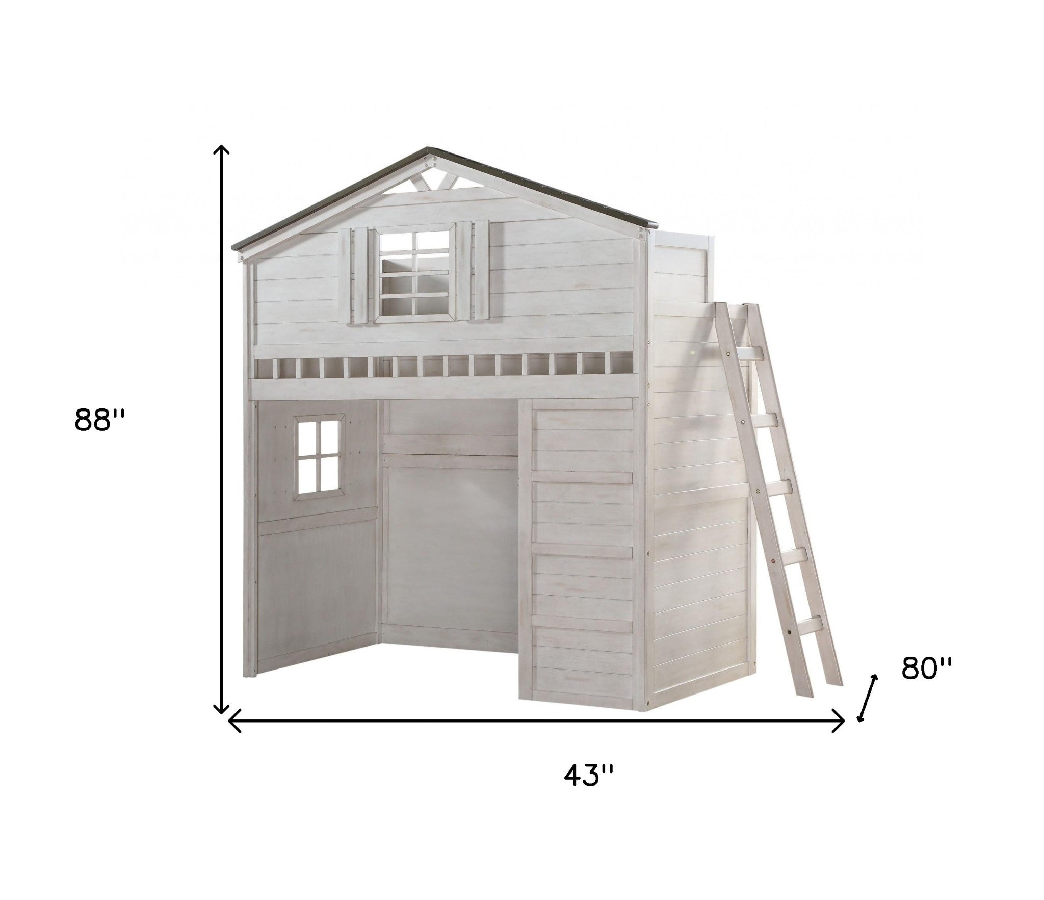 43" X 80" X 88" Weathered White Washed Gray Wood Loft Bed (Twin Size)