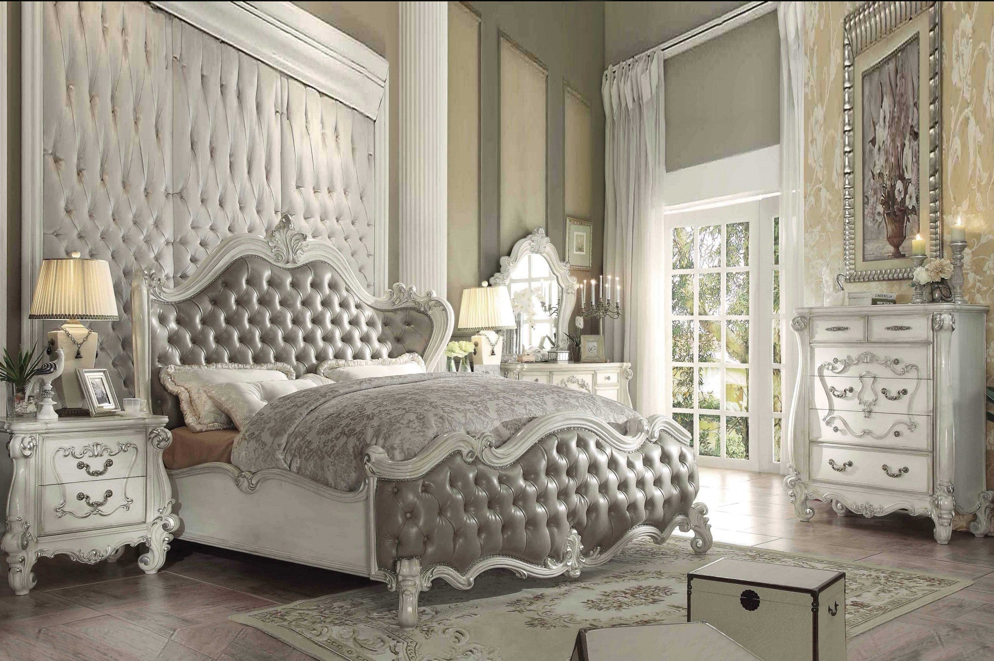 King Tufted Ivory And Gray Upholstered Faux Leather Bed With Nailhead Trim