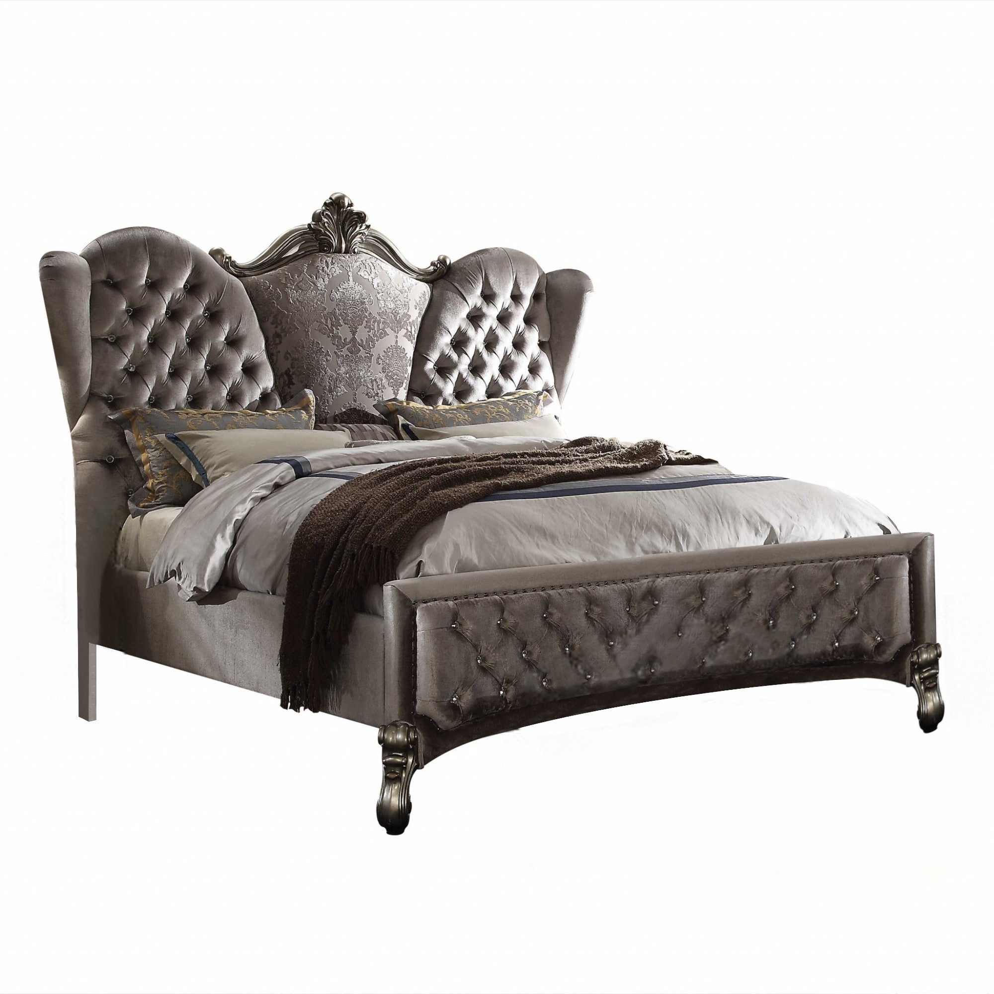 Queen Tufted Gray And Gray and Black Upholstered Velvet Bed With Nailhead Trim