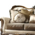 40" Tan Polyester Blend Curved Floral Sofa And Toss Pillows With Champagne Legs