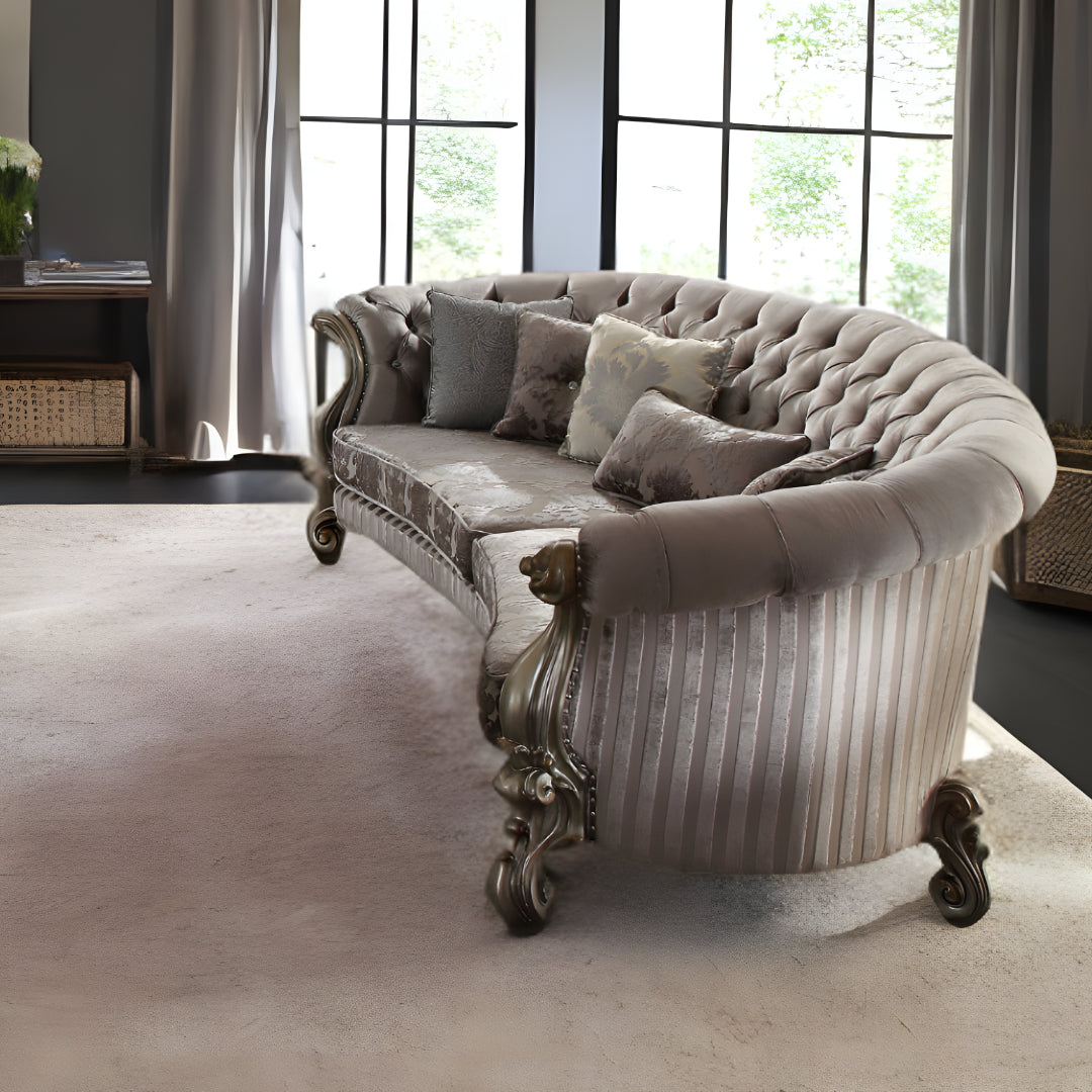 55" Gray Velvet Curved Floral Sofa And Toss Pillows With Champagne Legs
