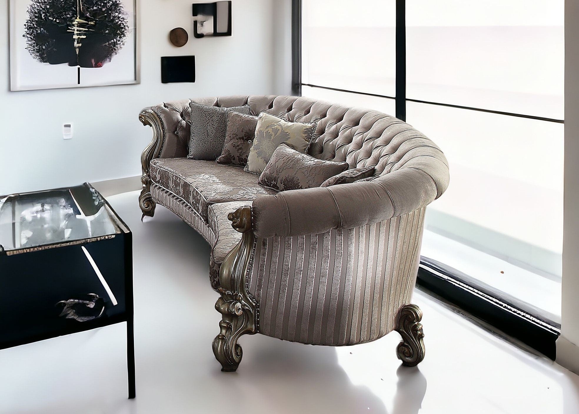 55" Gray Velvet Curved Floral Sofa And Toss Pillows With Champagne Legs