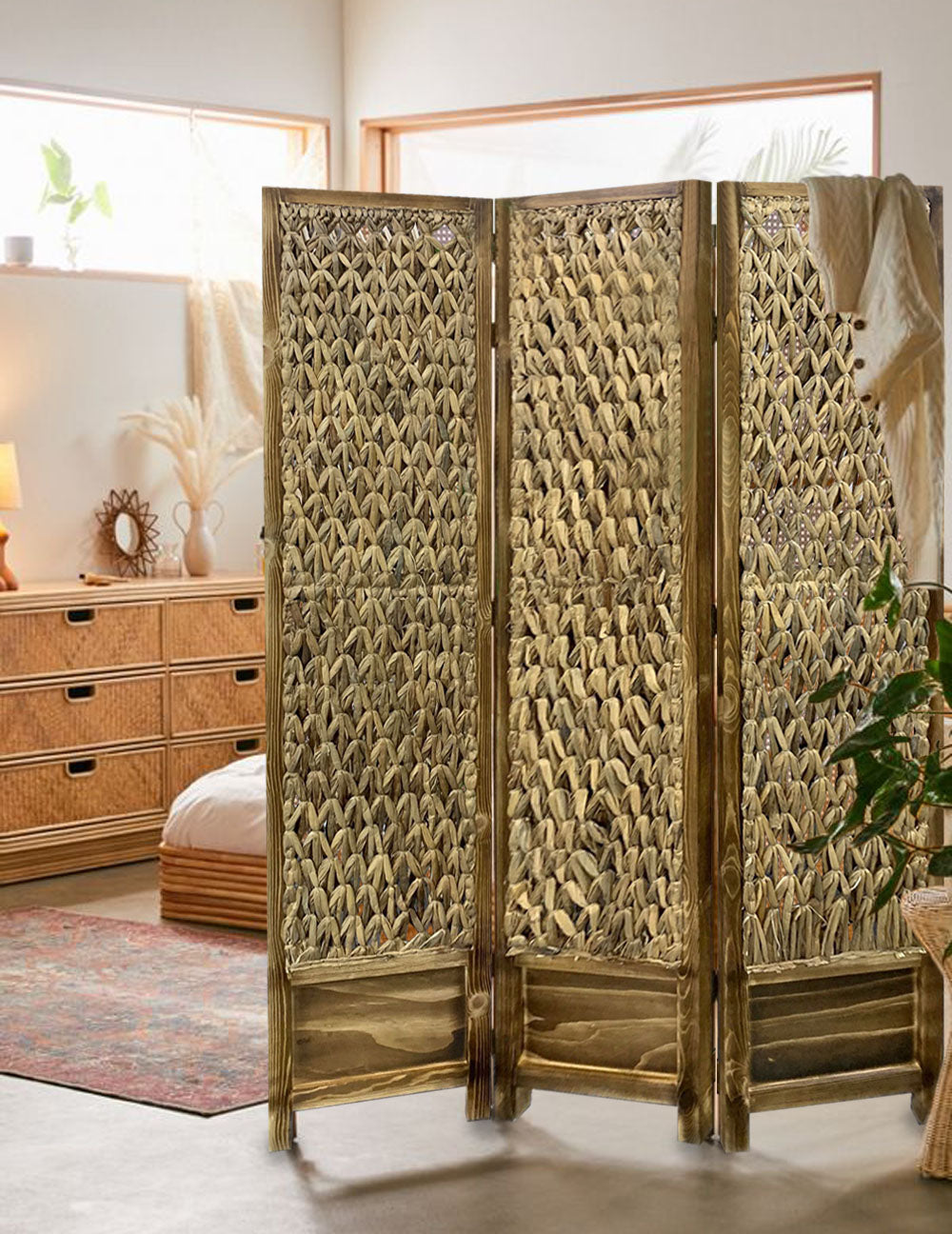 Casual Wood And Seagrass Three Panel Room Divider Screen