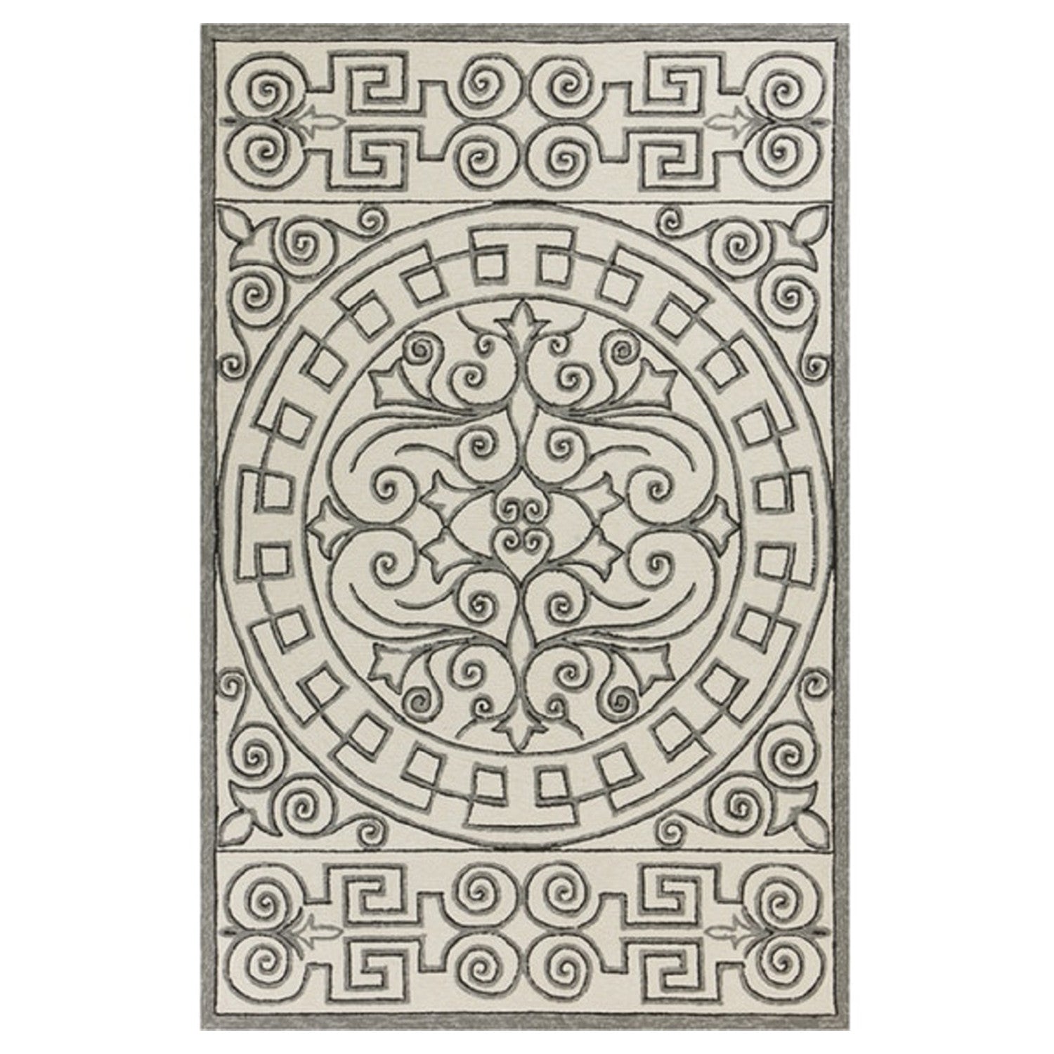 8' Ivory Grey Hand Woven Uv Treated Greek Key Medallion Round Indoor Outdoor Area Rug