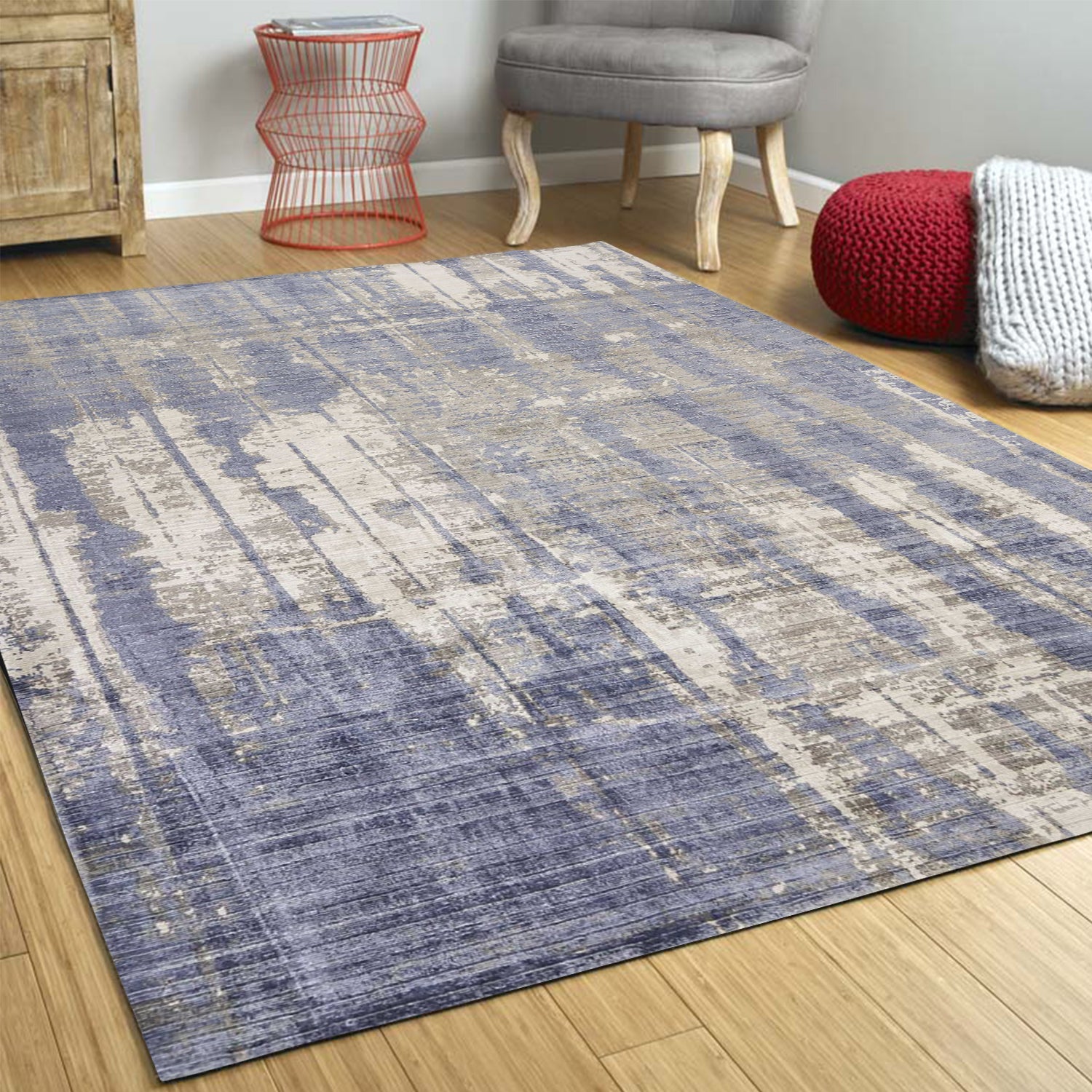 5'X7' Grey Blue Hand Loomed Abstract Brushstroke Indoor Area Rug