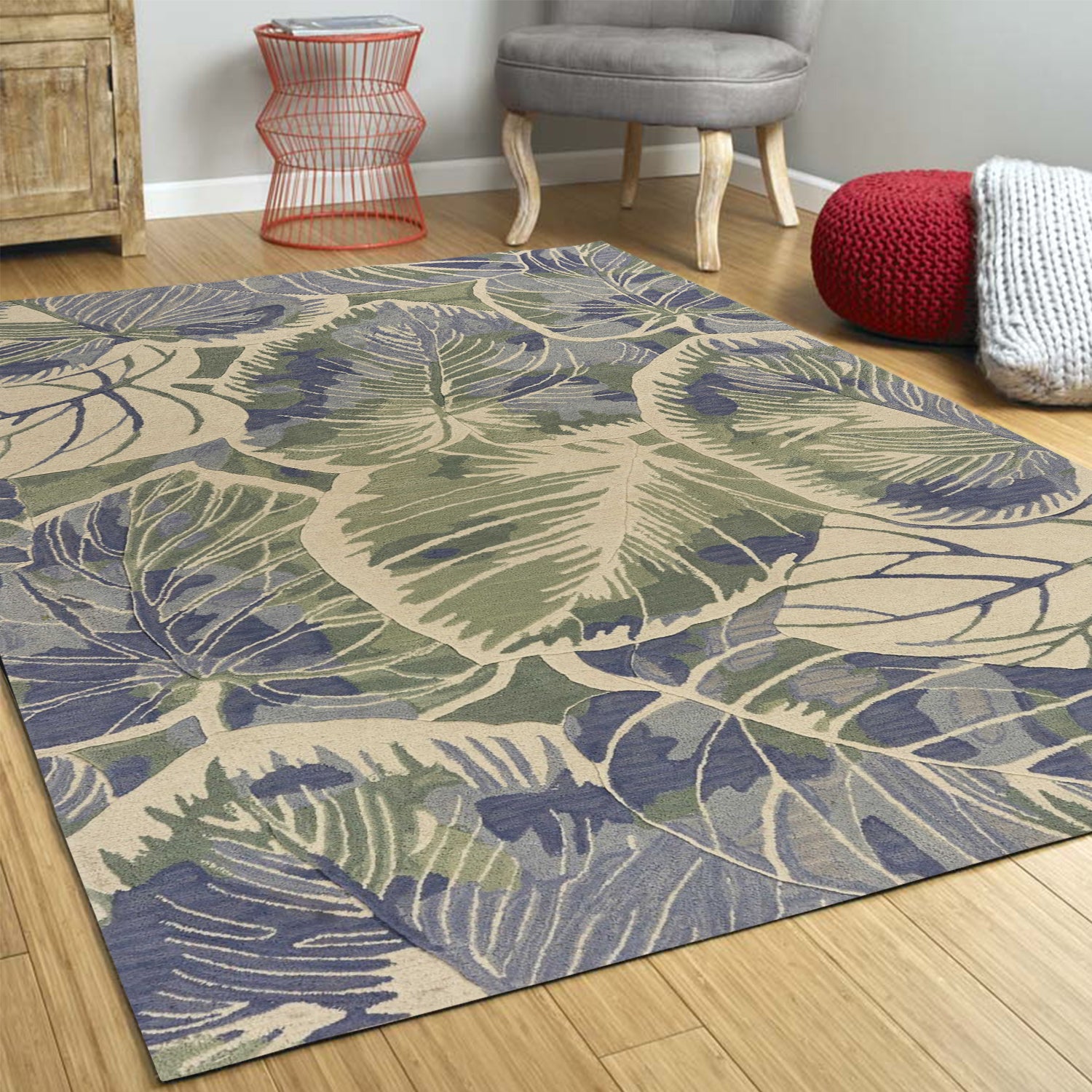 5'X8' Blue Green Hand Tufted Caladium Indoor Area Rug