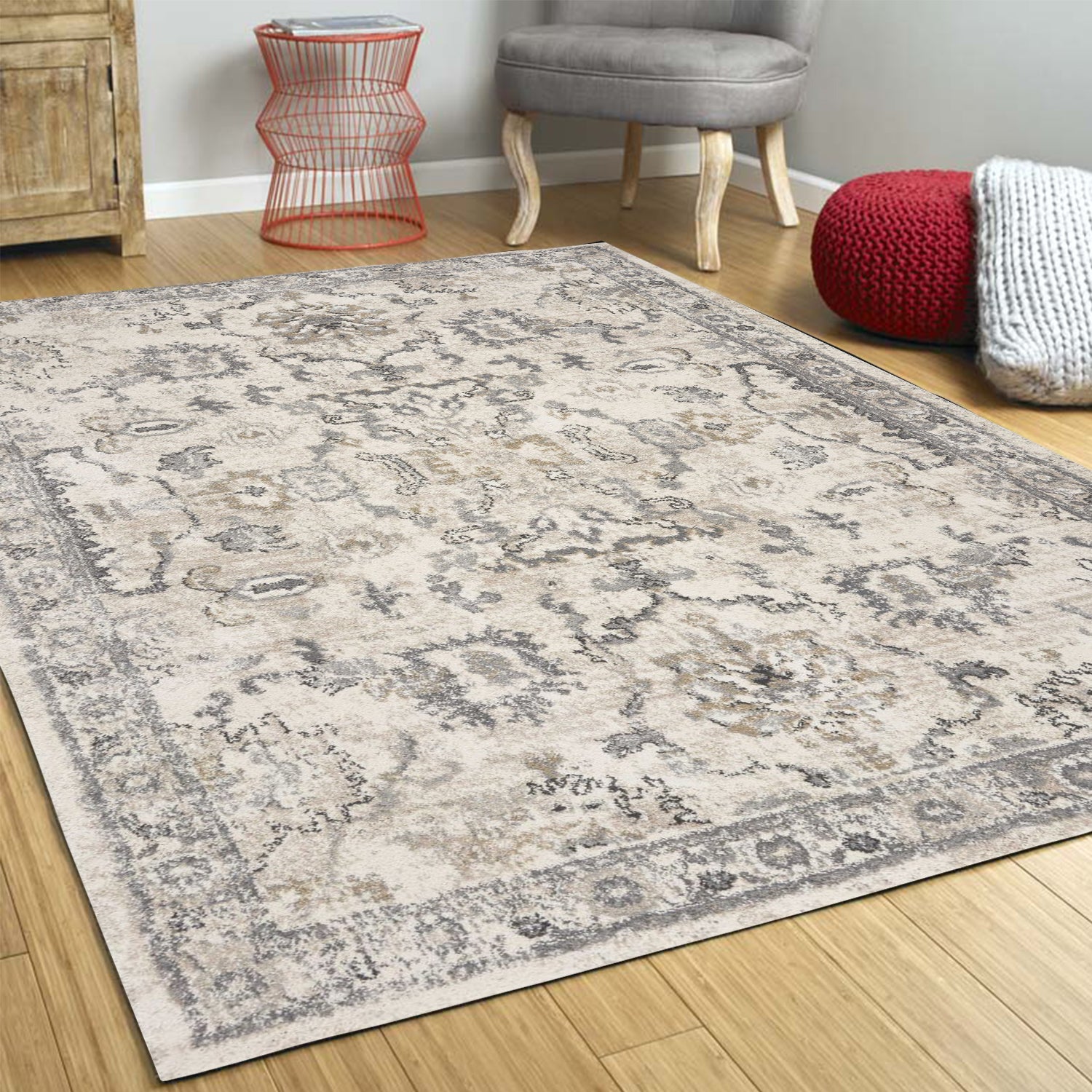 5'X8' Ivory Machine Woven Distressed Floral Traditional Indoor Runner Rug