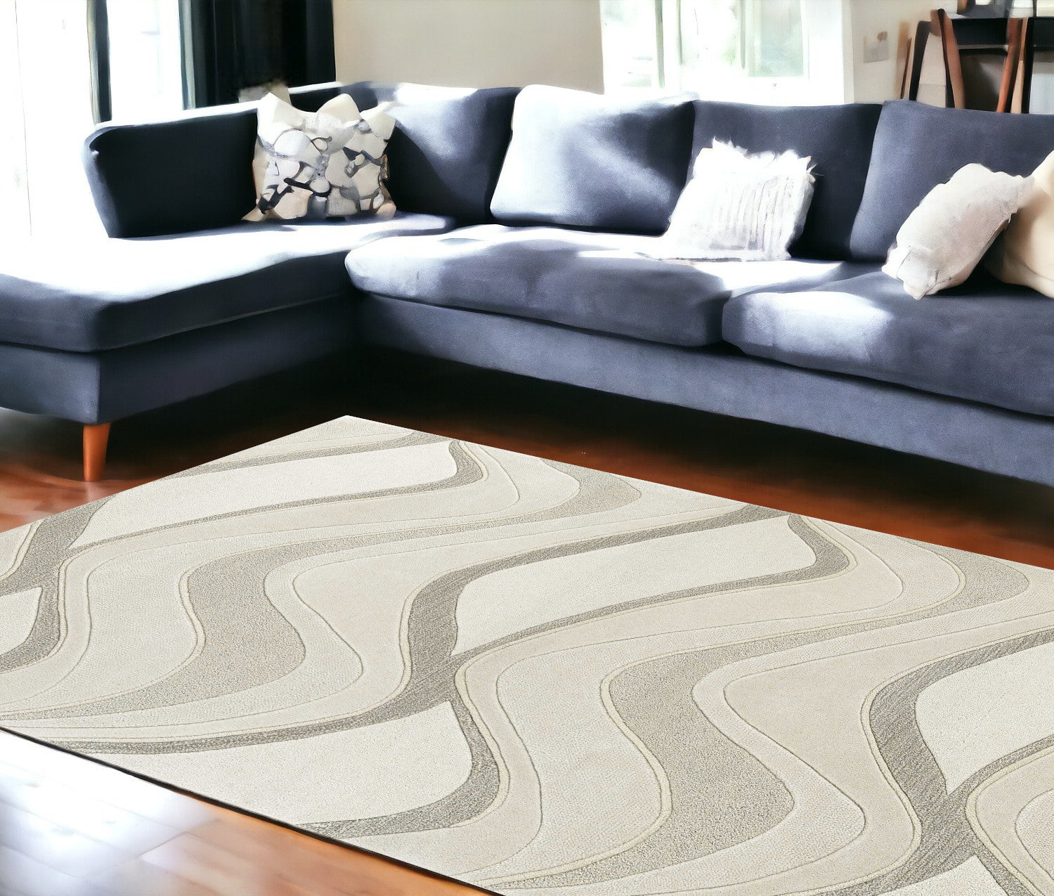 2' X 7' Ivory Abstract Waves Wool Runner Rug