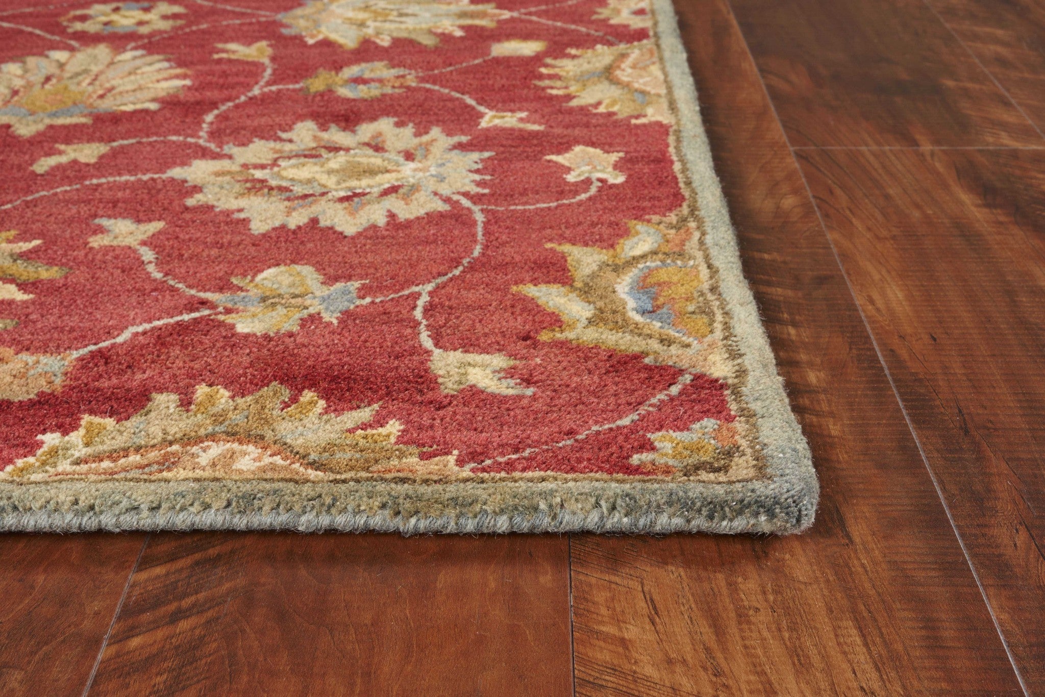 2' X 7' Red Floral Vines Bordered Wool Runner Rug