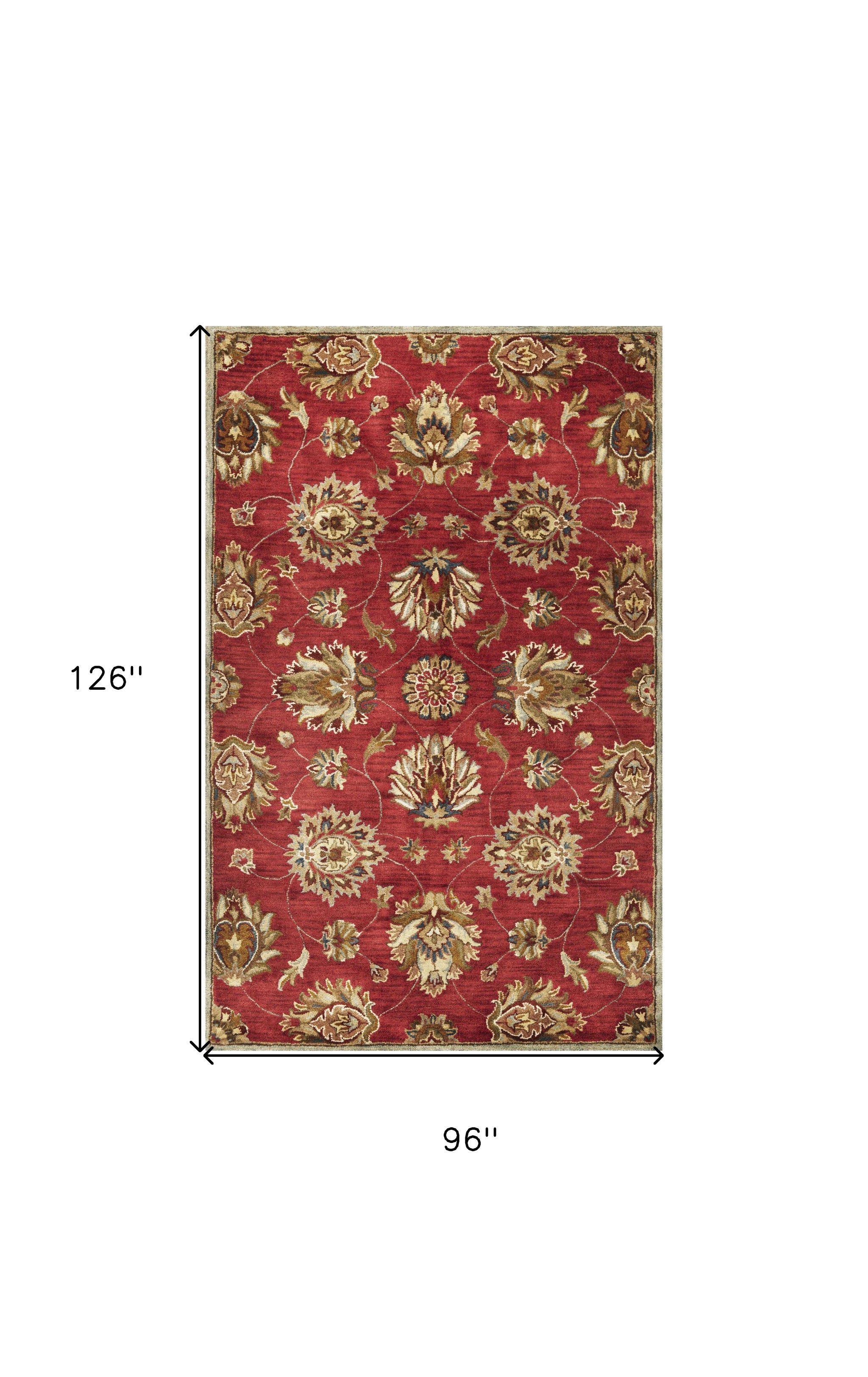 2' X 7' Red Floral Vines Bordered Wool Runner Rug