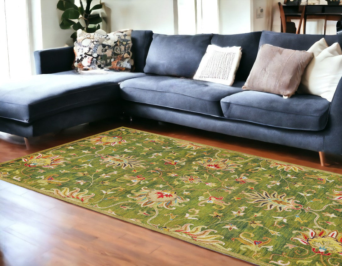 5' x 8' Green and Red Wool Floral Vines Hand Tufted Area Rug