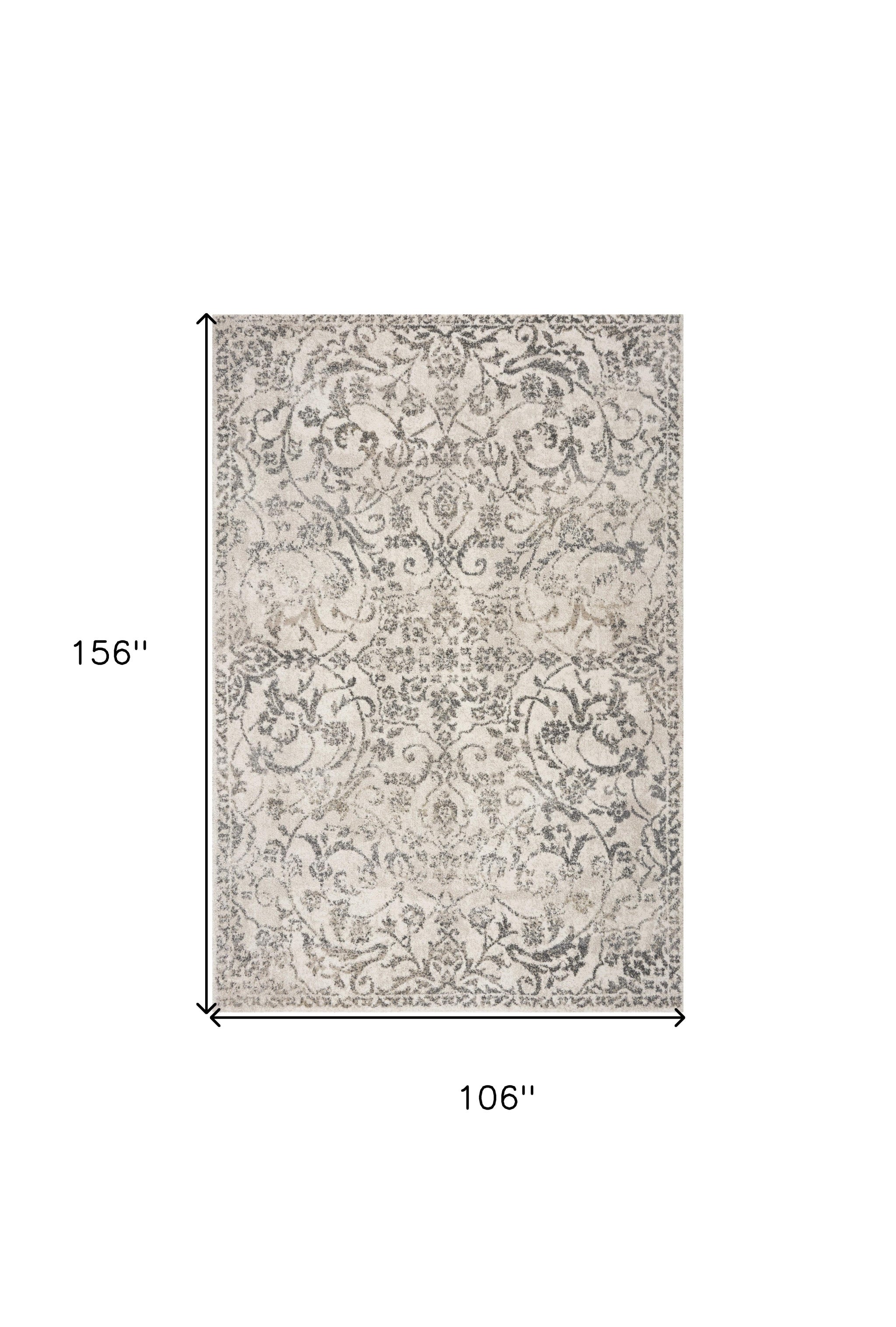 5'X8' Ivory Machine Woven Distressed Traditional Floral Vines Indoor Area Rugg