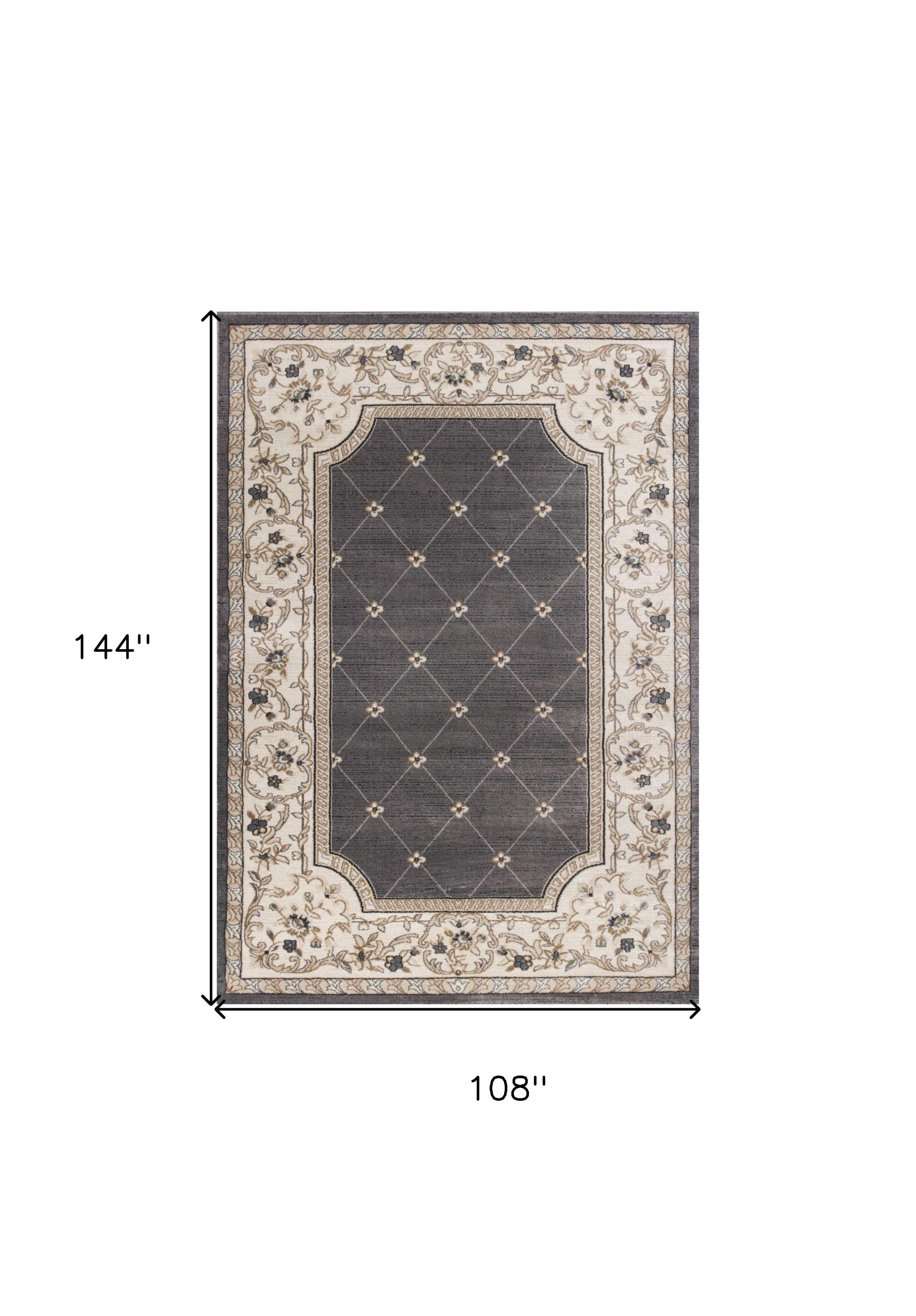 8' Grey Ivory Bordered Floral Indoor Runner Rug