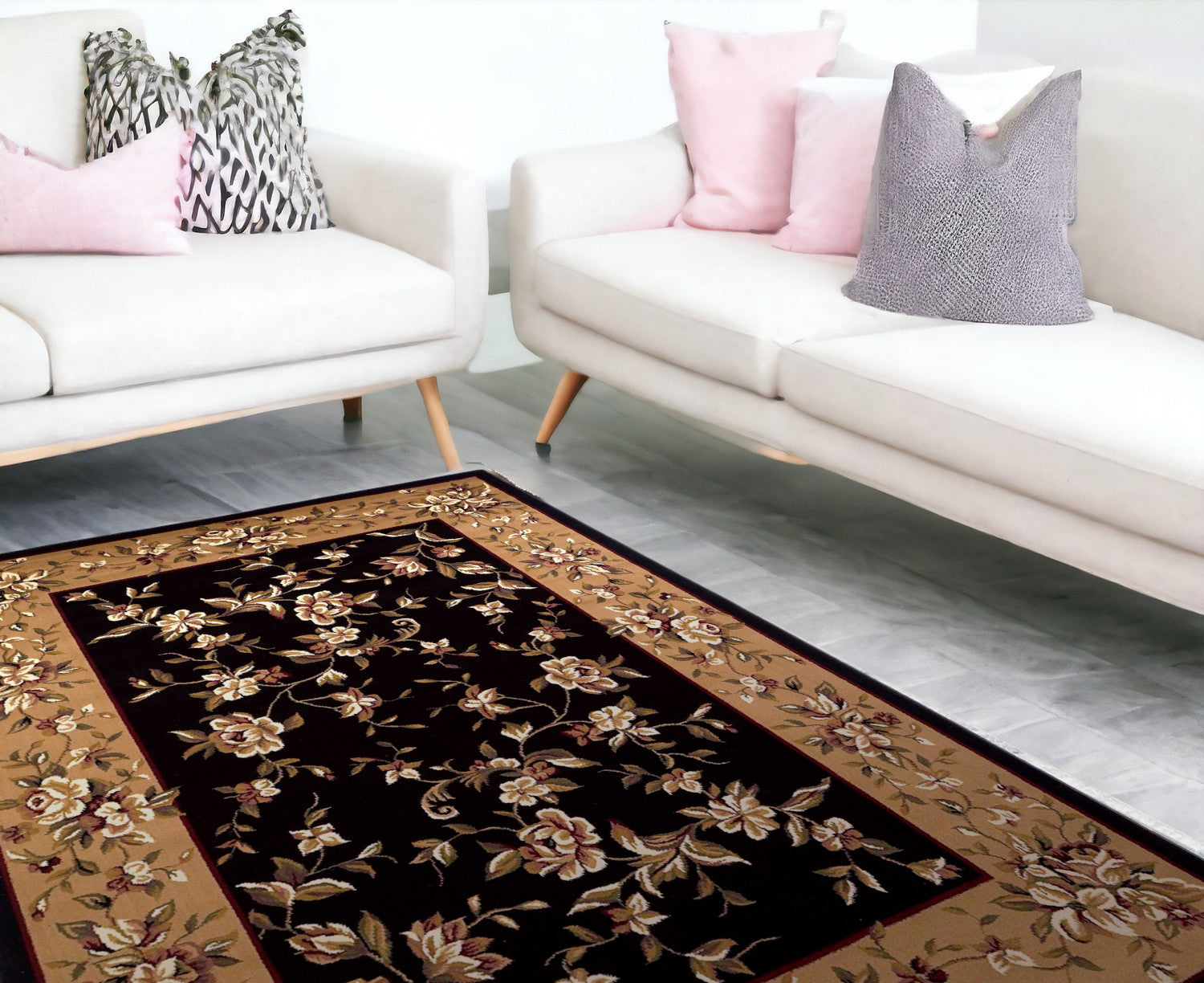 Black And Beige Octagon Floral Vines Area Rug