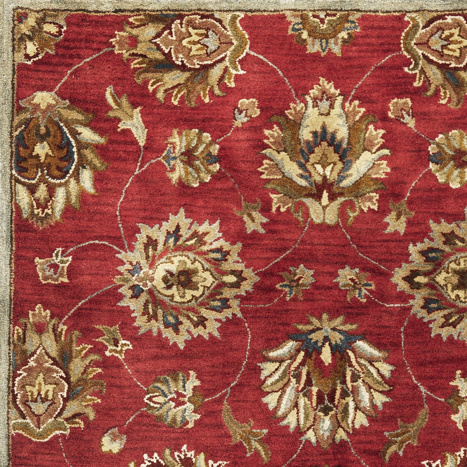 2' X 7' Red Floral Vines Bordered Wool Runner Rug