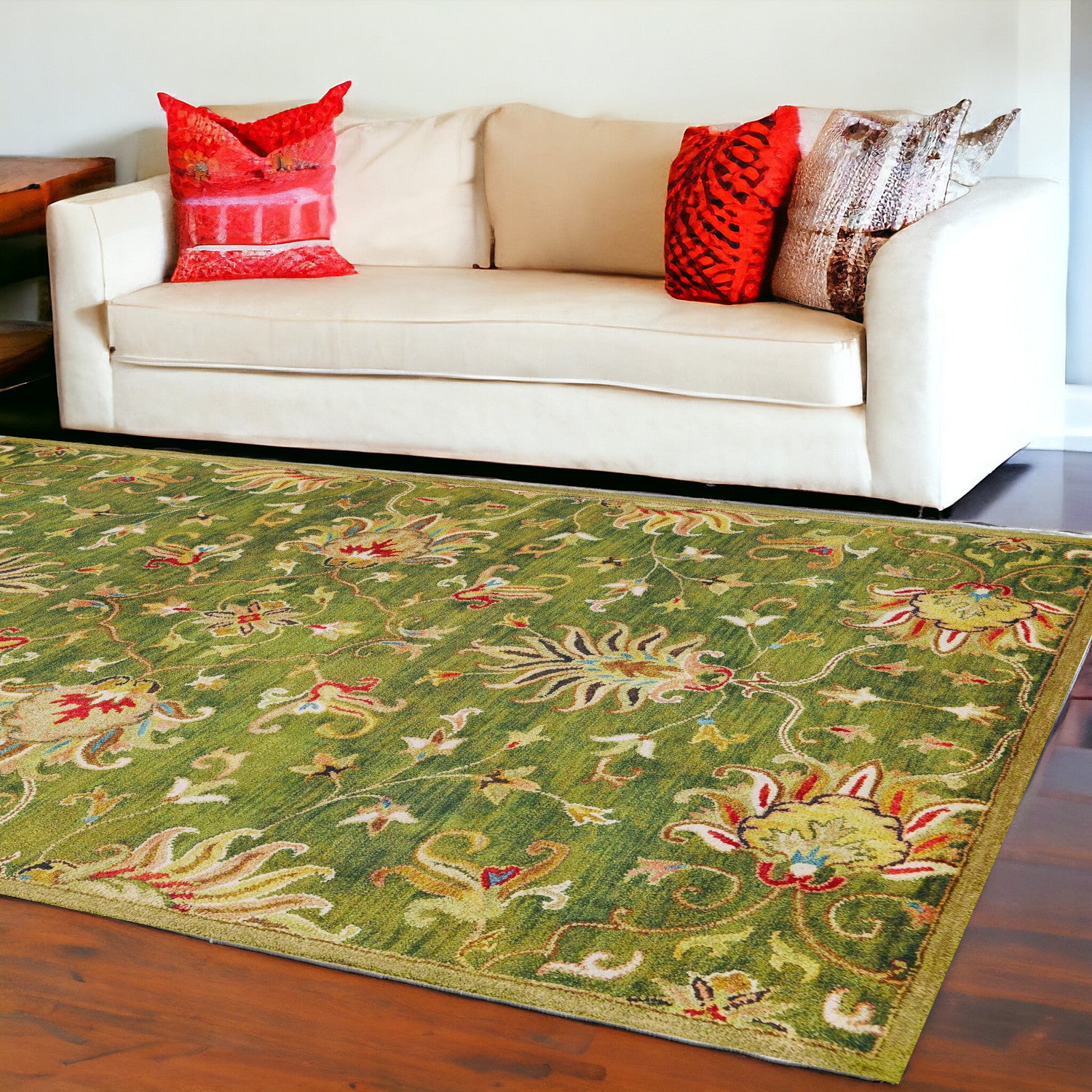 8' x 11' Green and Ivory Wool Floral Handmade Area Rug