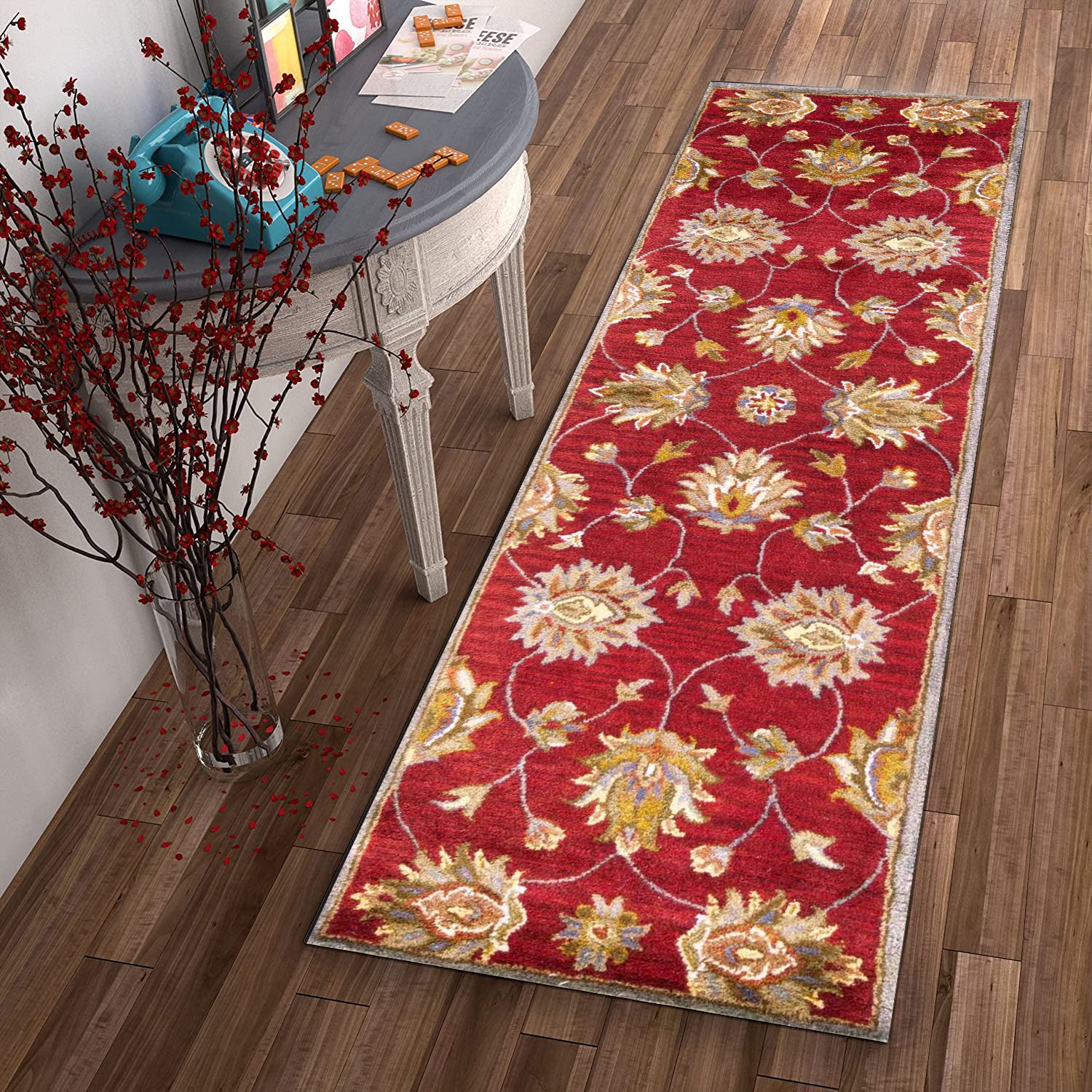 2' X 7' Red Floral Vines Bordered Wool Runner Rug