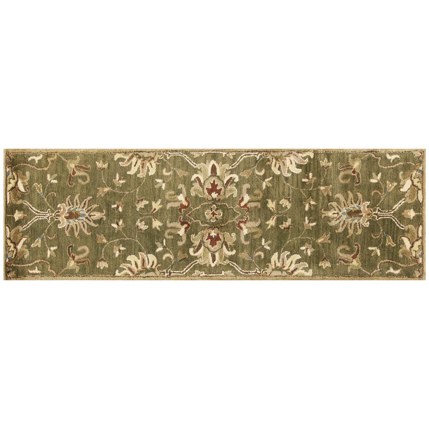 8' x 11' Green and Ivory Wool Floral Handmade Area Rug