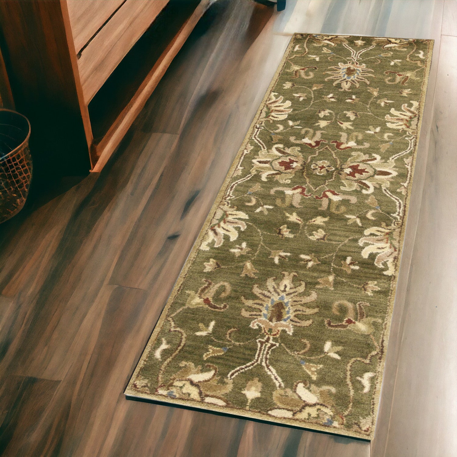 8' x 11' Green and Ivory Wool Floral Handmade Area Rug