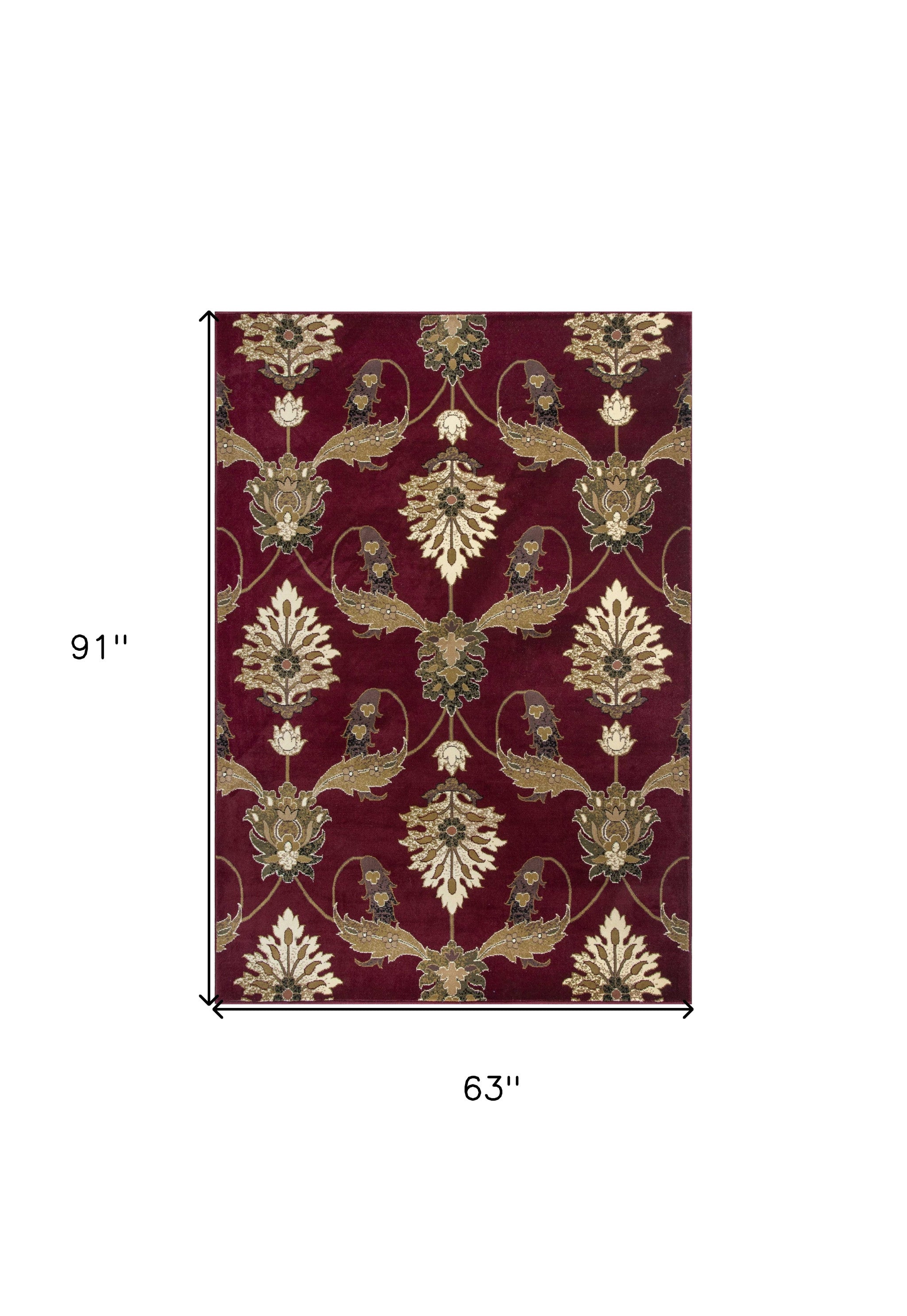 5' x 8' Red and Ivory Floral Area Rug