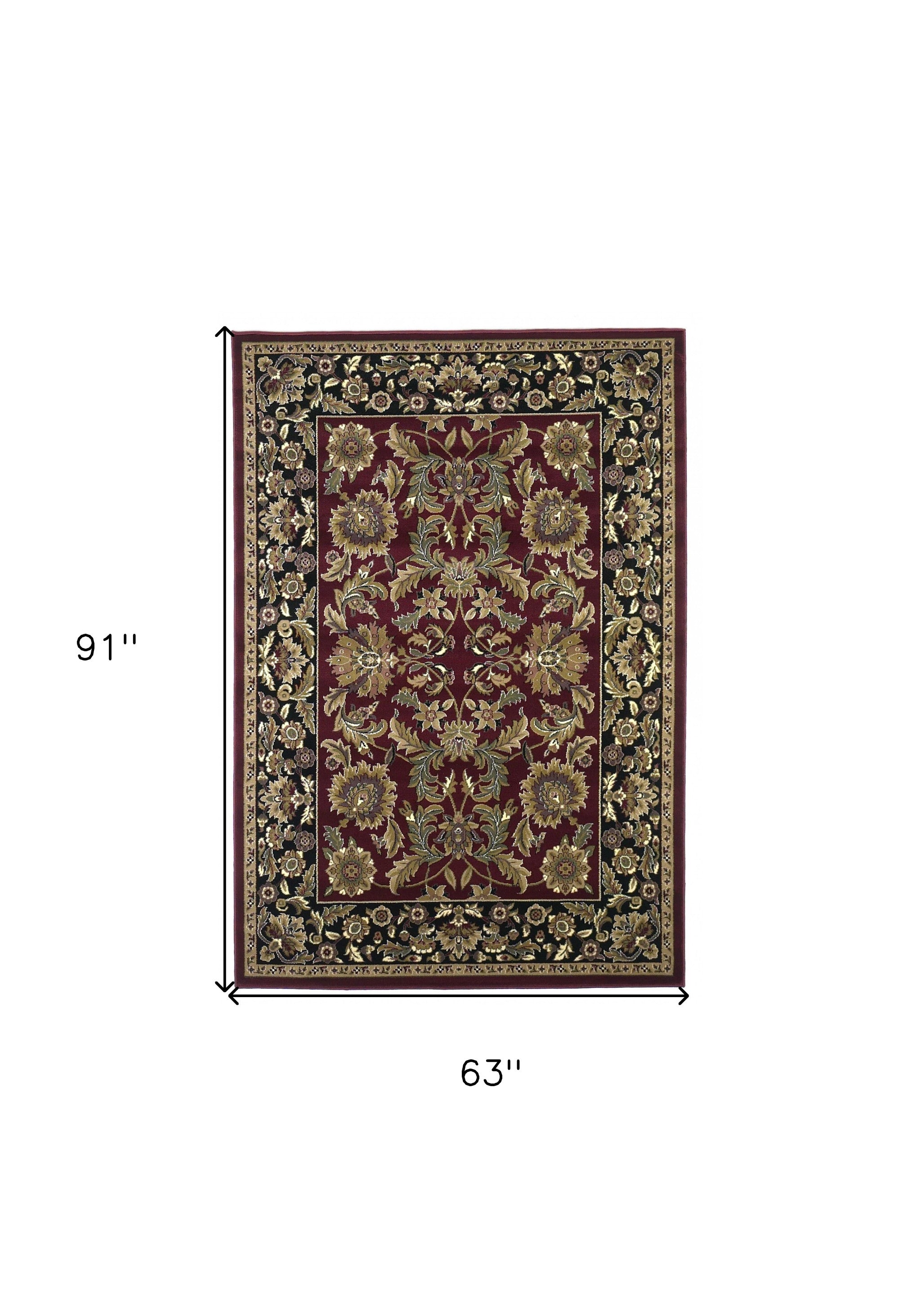 5' X 8' Red Or Black Floral Bordered Area Rug